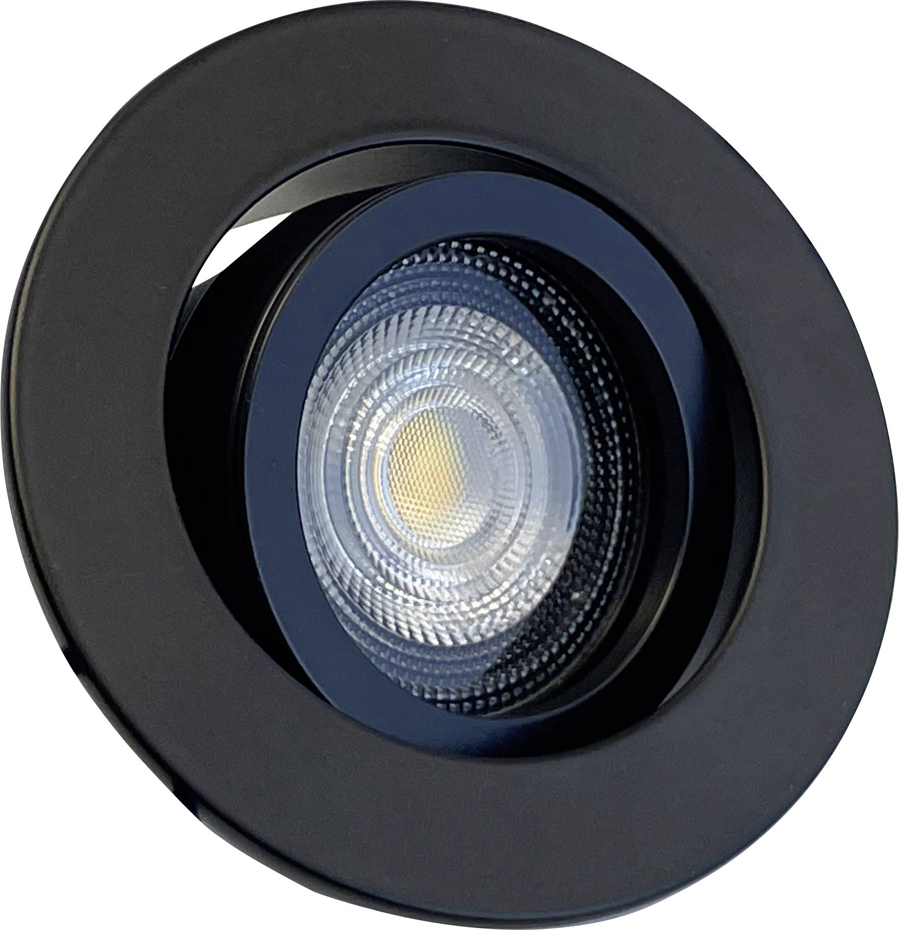 Svart, rund LED-spot med räfflad lins för takmontering; modern, energieffektiv, för riktad belysning.