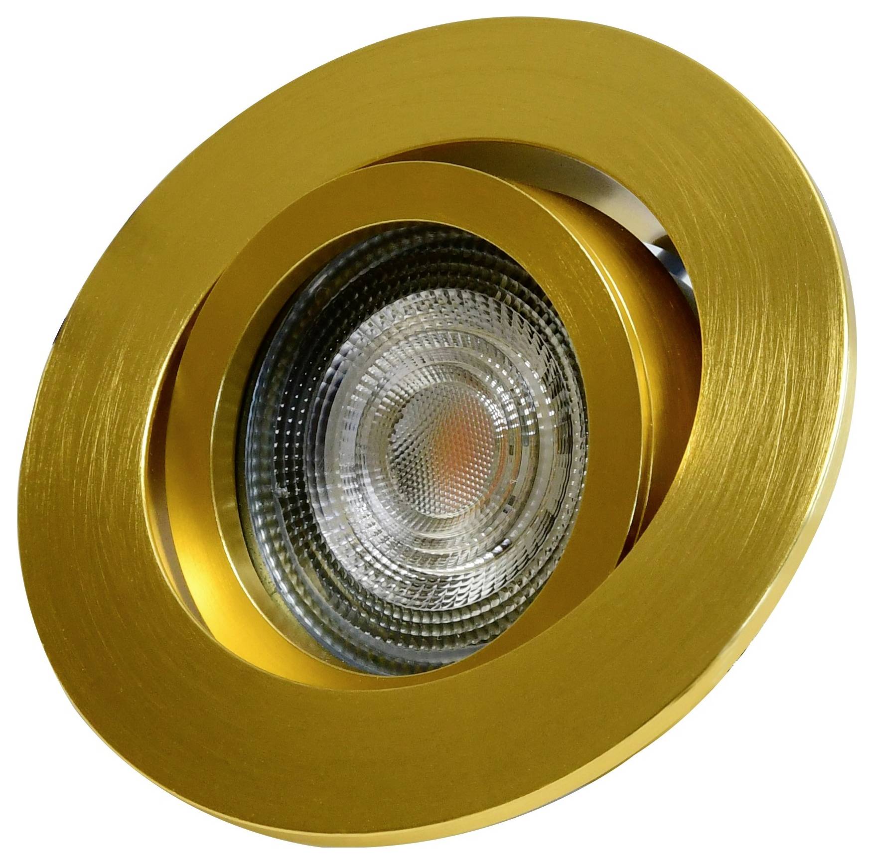 En gyllene, rund LED-infälld taklampa med räfflat mönster. Perfekt för energisnål och stilfull rumsbelysning.