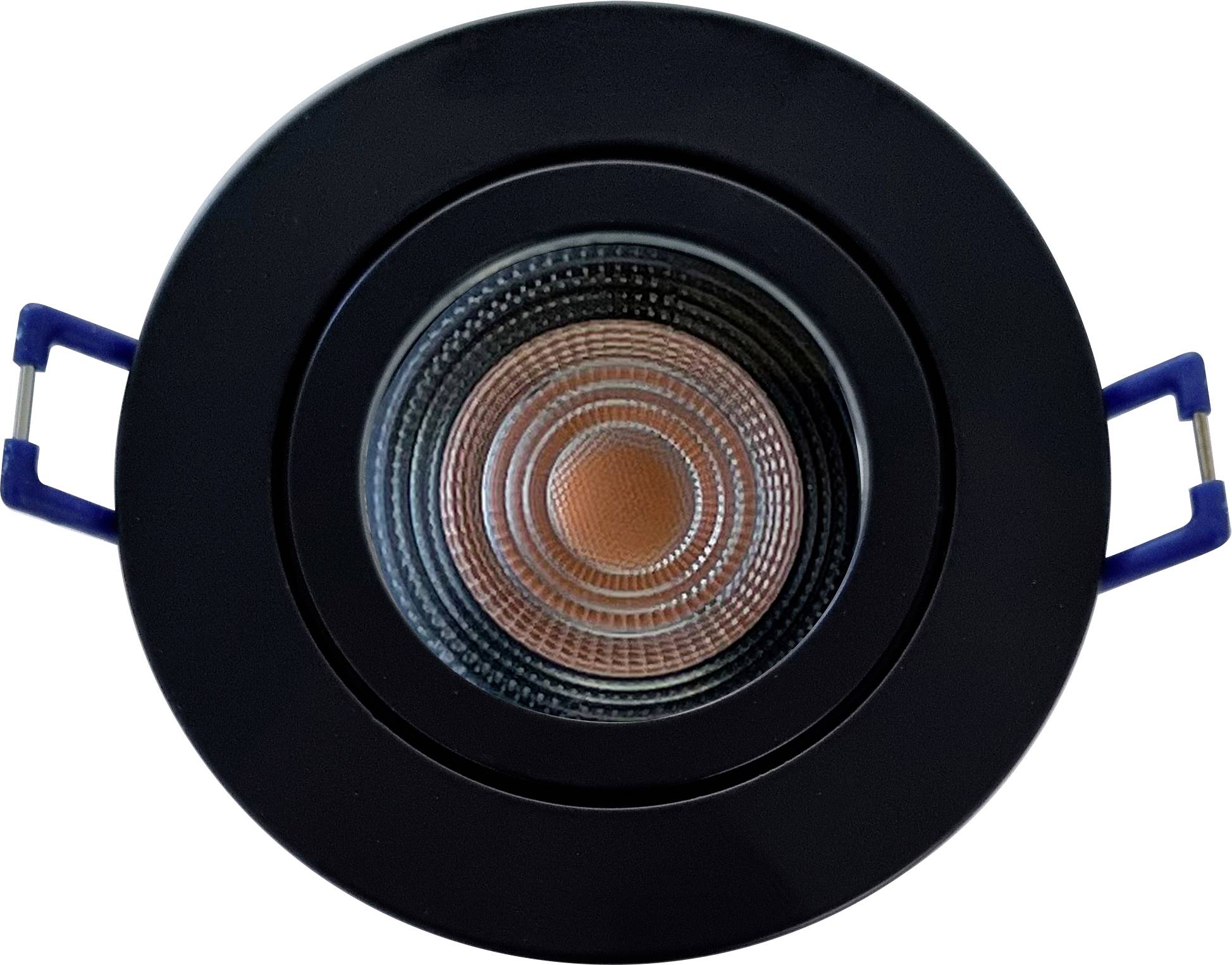 Rund infälld armatur med svart ram och reflekterande innerring, lämplig för moderna takinstallationer.