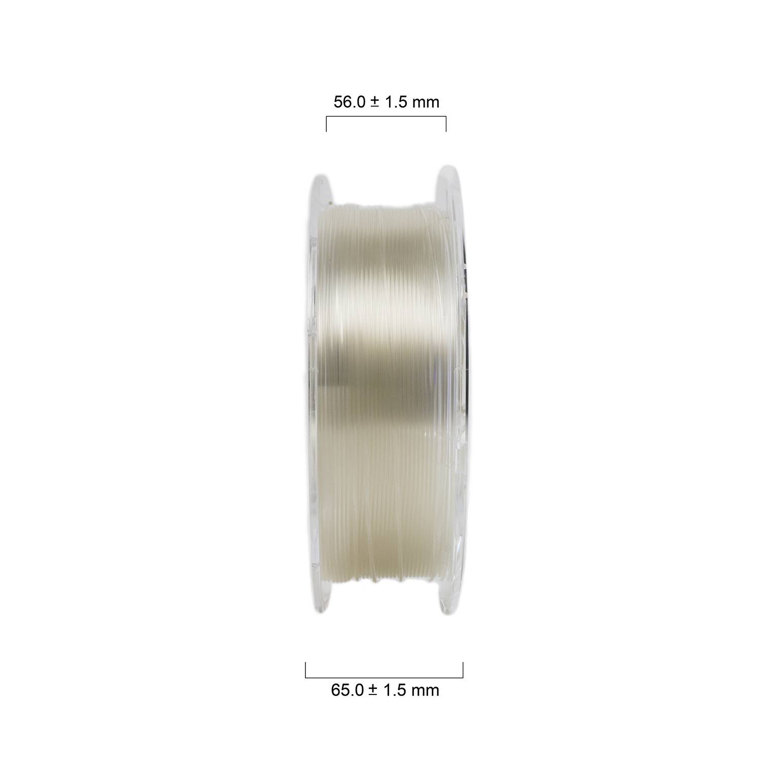 En klar spole med en diameter på 65,0 ± 1,5 mm och en bredd på 56,0 ± 1,5 mm, fylld med ljust filament.
