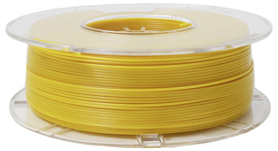 Spole med gult 3D-skrivarefilament, ordnat på en genomskinlig plastspole.