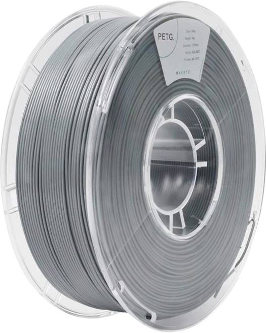 En rulle PETG-filament för 3D-skrivare, i färgen grå, på en plastspole. Lämplig för olika utskriftsapplikationer.