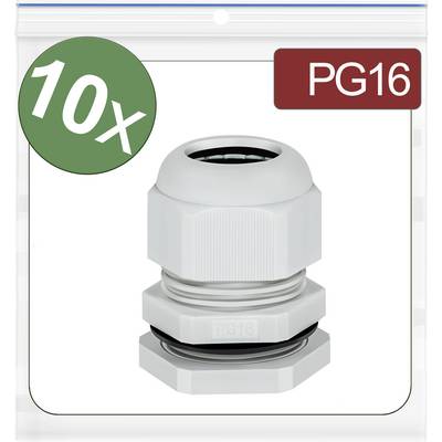 En påse med 10 vita kabelförskruvningar i storlek PG16 visas.