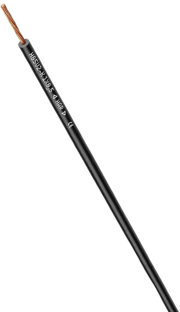 Svart kopparöverdragen elektronikkabel märkt 'H05V-K 1x1,0' för elektriska installationer.