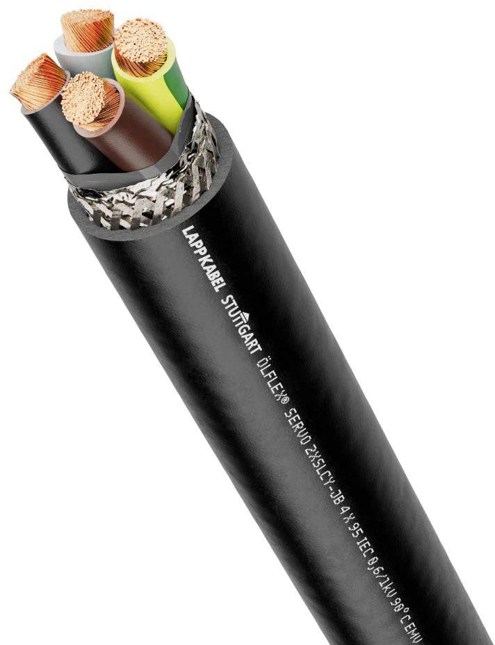 Flerkärning elkabel från Lapp Kabel med svart märkt yttre hölje. Fem ledare synliga: tre bruna, en gul och en grå.