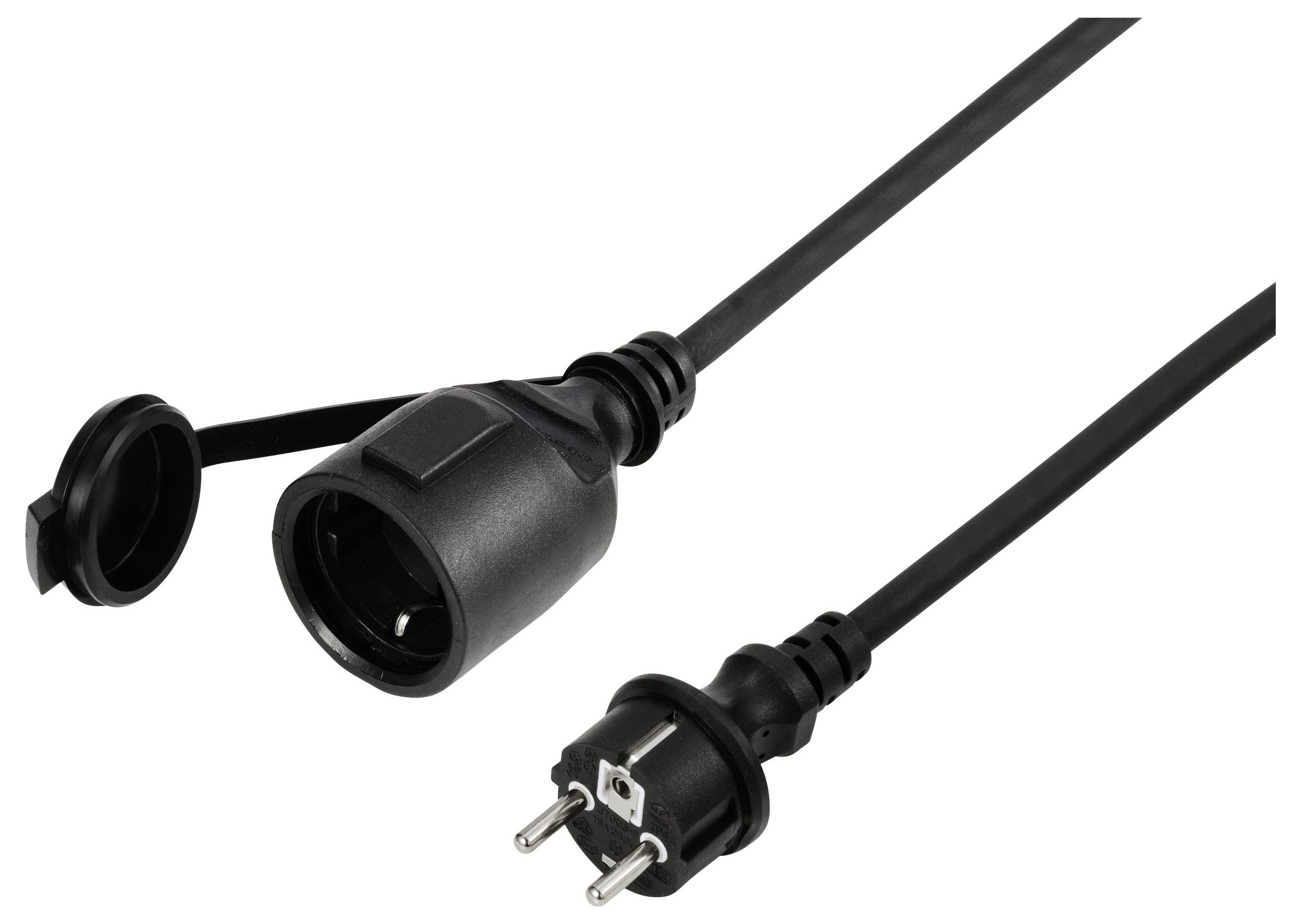 Svart förlängningssladd med jordat uttag och kontakt, lämplig för både inom- och utomhusbruk.