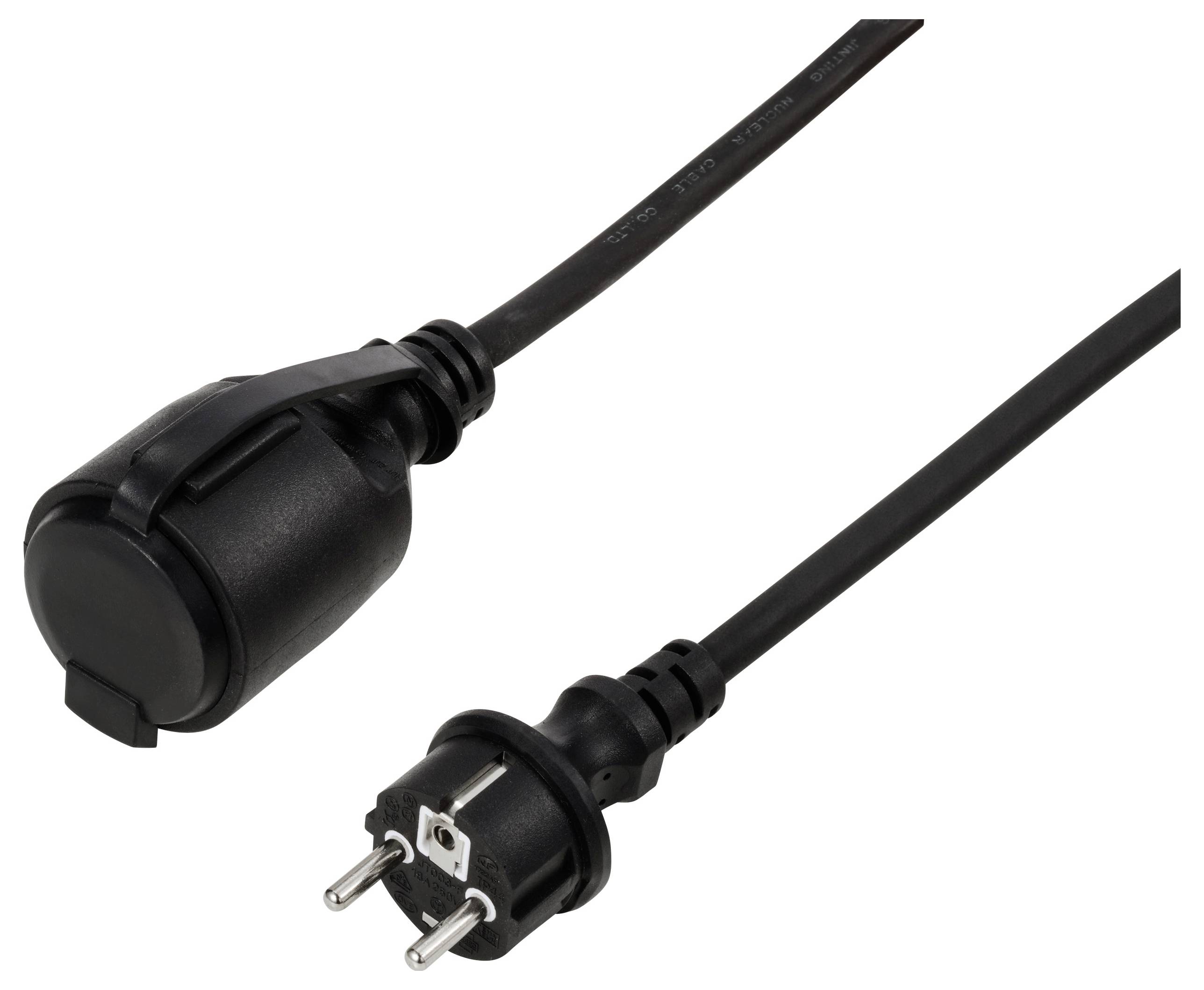 Svart strömkabel med Schuko-kontakt och apparatkontakt. Lämplig för anslutning av elektriska apparater till elnätet.