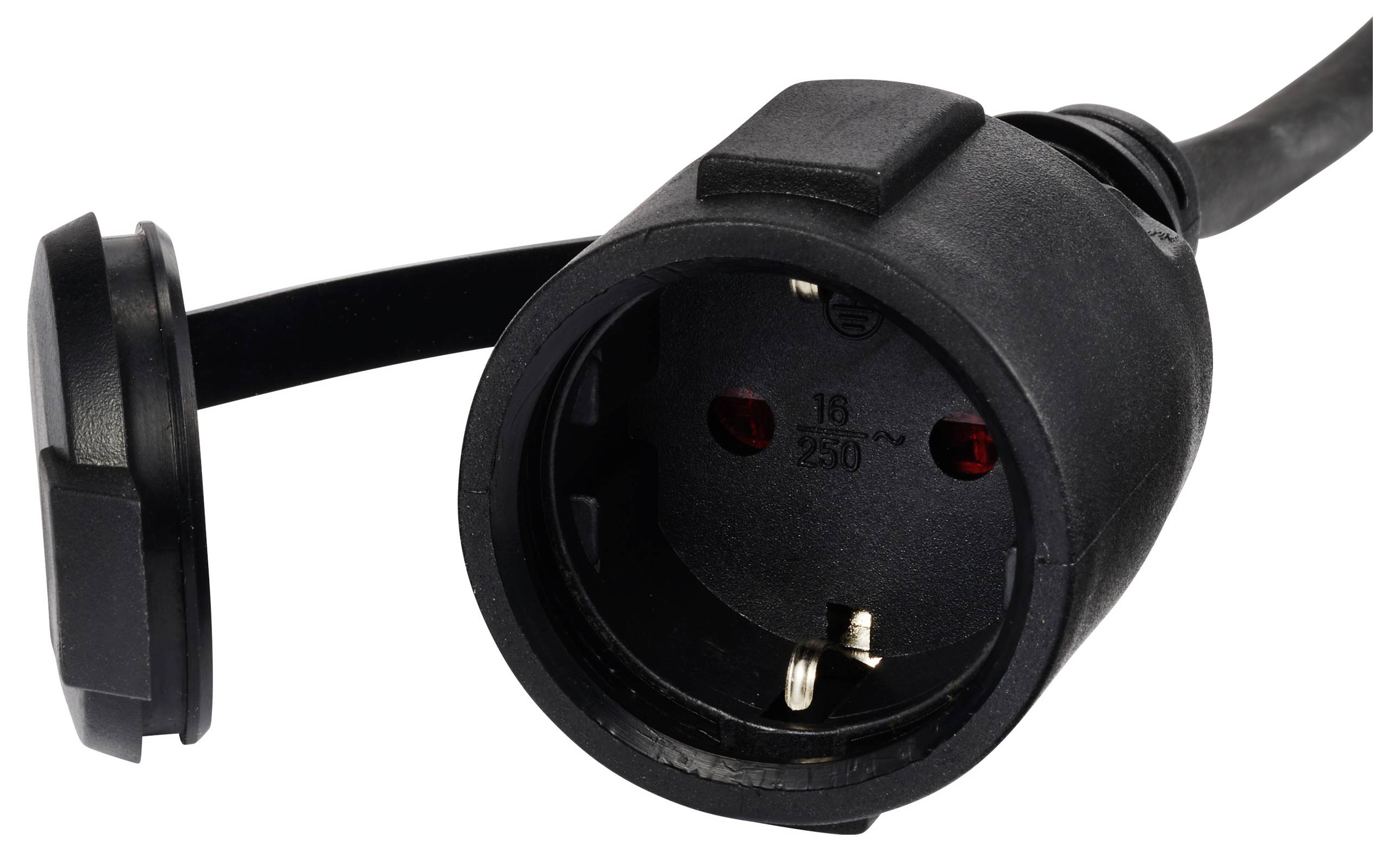 Svart, trepolig kontaktadapter med avtagbart skyddslock, lämplig för 250V.