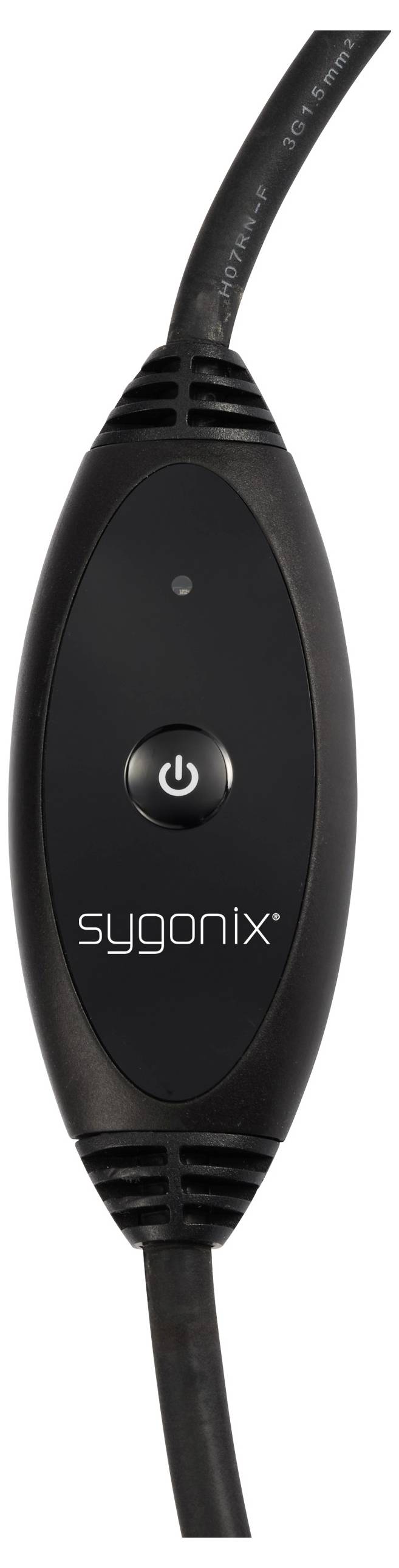 Svart strömbrytare med Sygonix-logotyp och LED-indikator, med inbyggd på-/av-knapp, ansluten med en kabel.