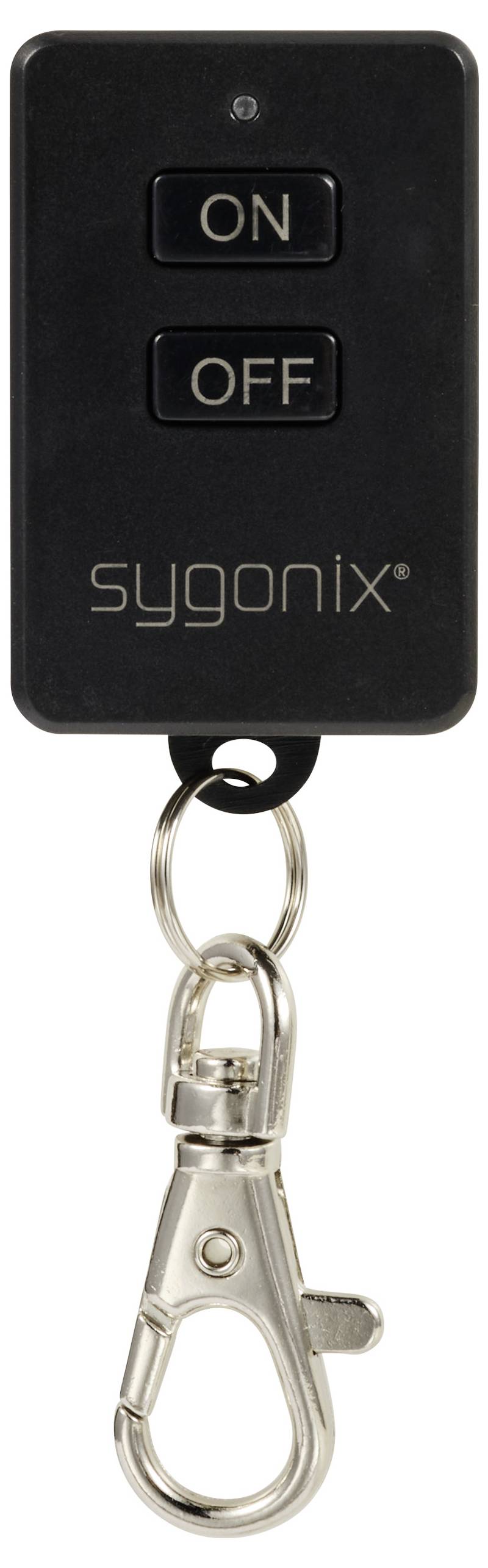 Svart fjärrkontroll med två knappar, märkta med 'ON' och 'OFF'. Under detta finns texten 'sygonix' och en silverfärgad nyckelring.