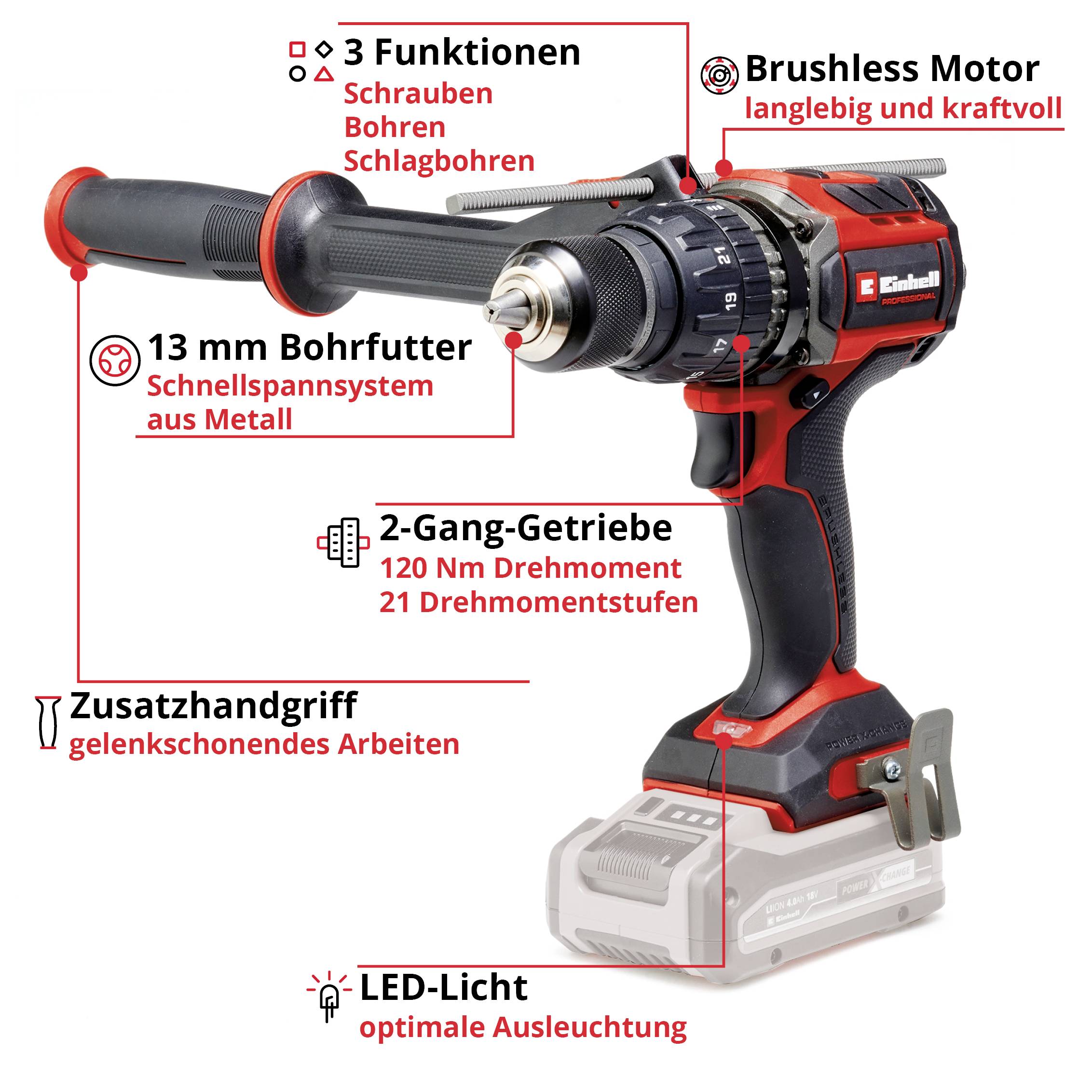 Sladdlös borrmaskin med borstlös motor, 3 funktioner (skruvning, borrning, slagborrning), 2-växlat transmission, LED-belysning, extra handtag.