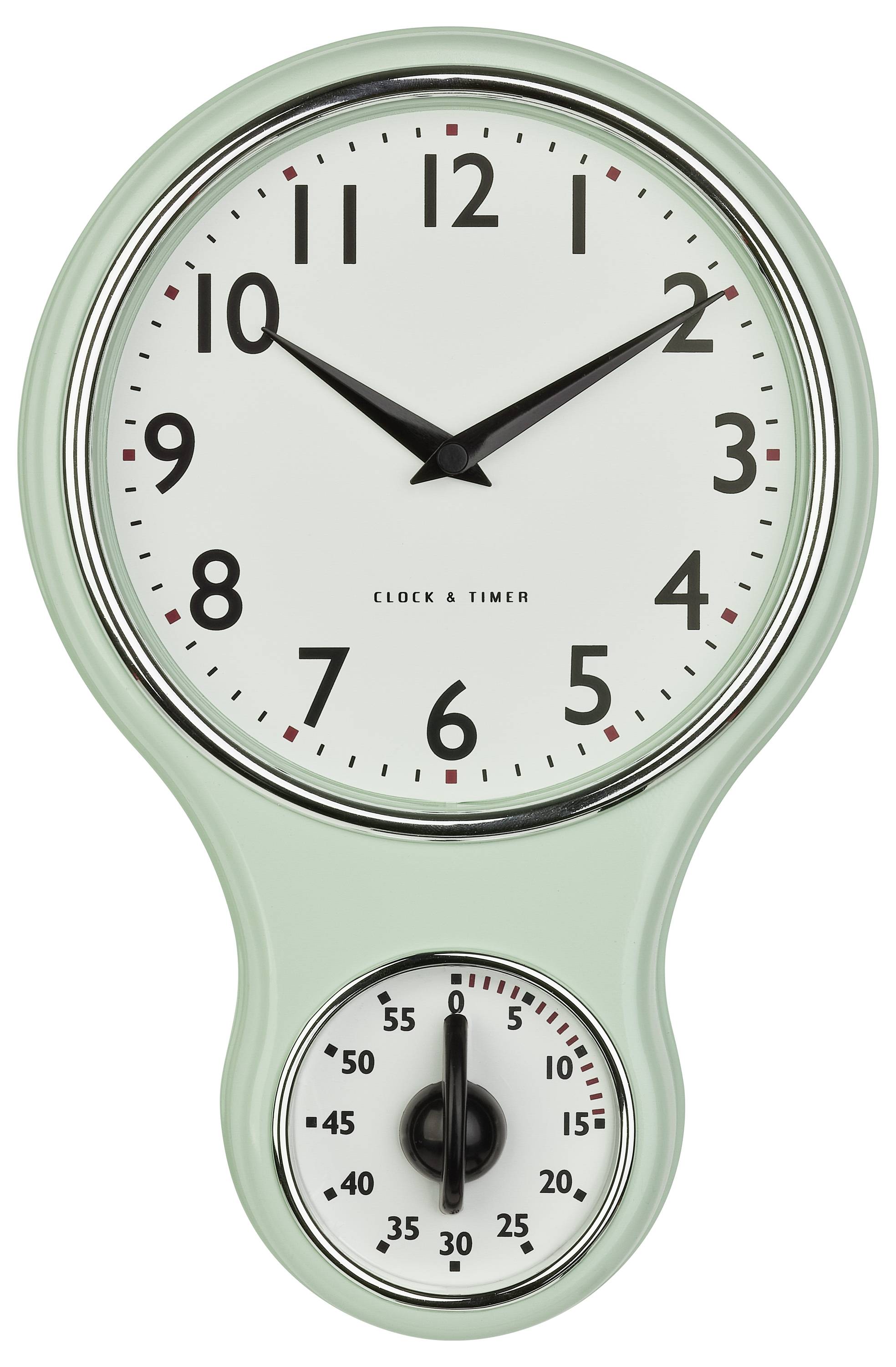 En grön köksvägg med rund urtavla visar 10:10. Under den finns en inbyggd timer som är inställd på 55 minuter.