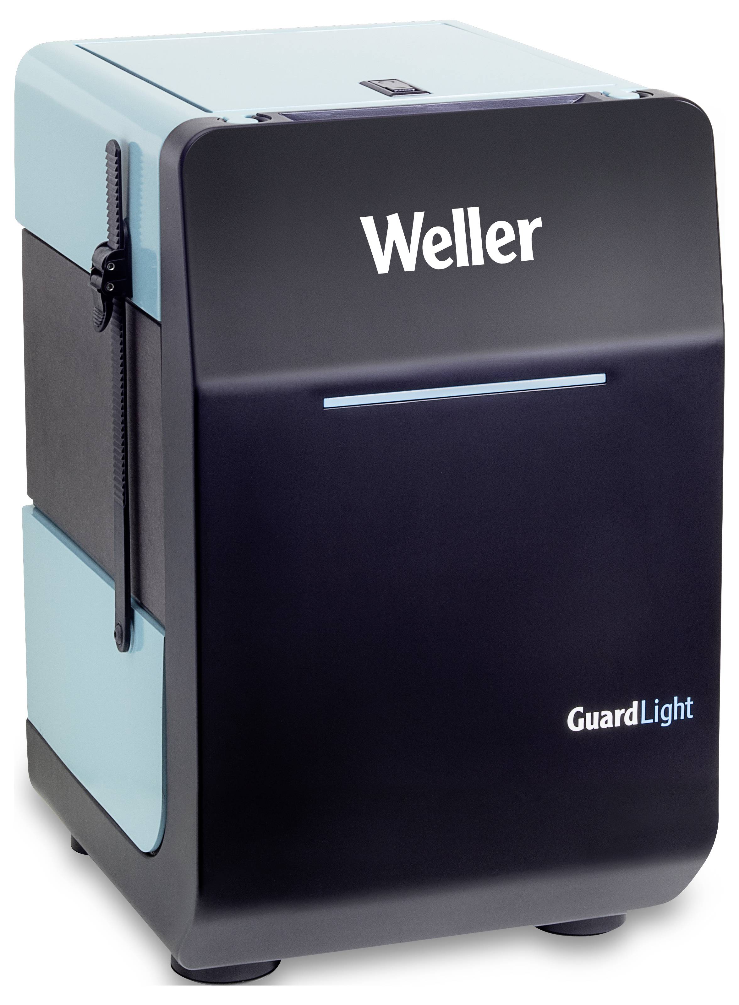 Elektronisk enhet från Weller, modell 'GuardLight', med svart och blått hölje, sannolikt avsedd för belysningssäkerhet.