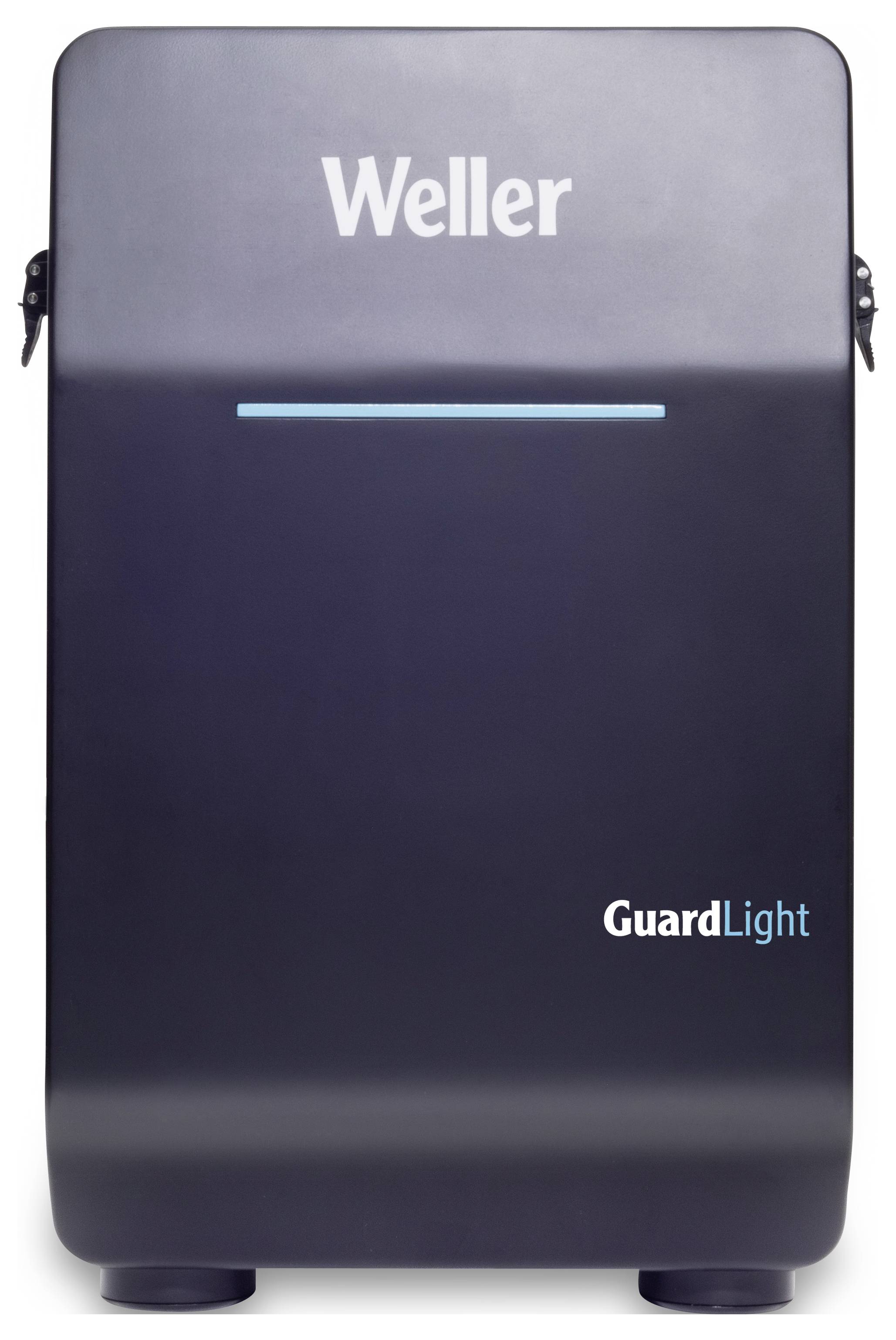 Svart enhet med påskriften 'Weller' överst och 'GuardLight' nedtill. Rektangulär form med en blå lysande linje i mitten.