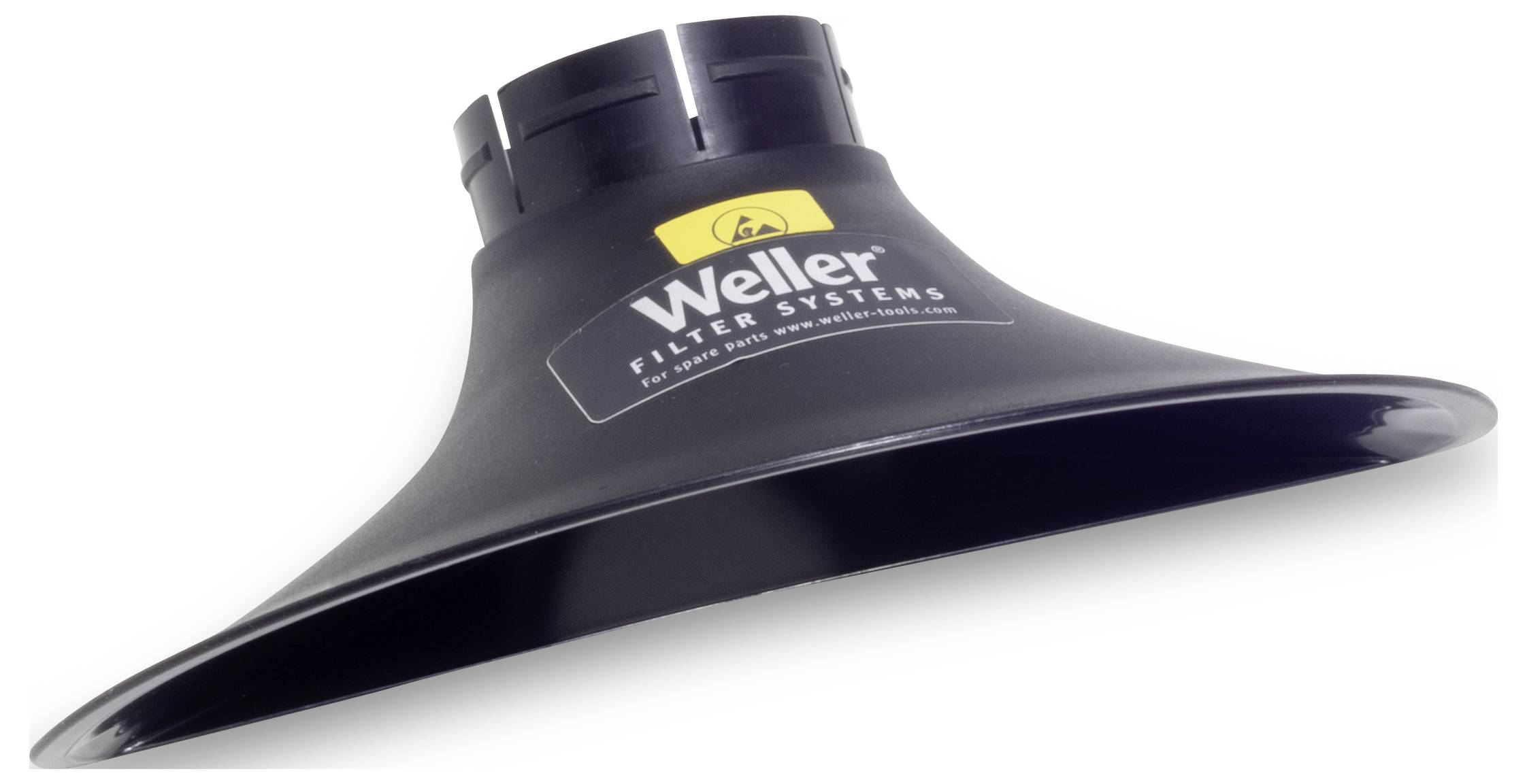 Svart utsugstratt med 'Weller Filter Systems' logotyp, använd för utsug och filtersystem i verkstäder eller laboratorier.