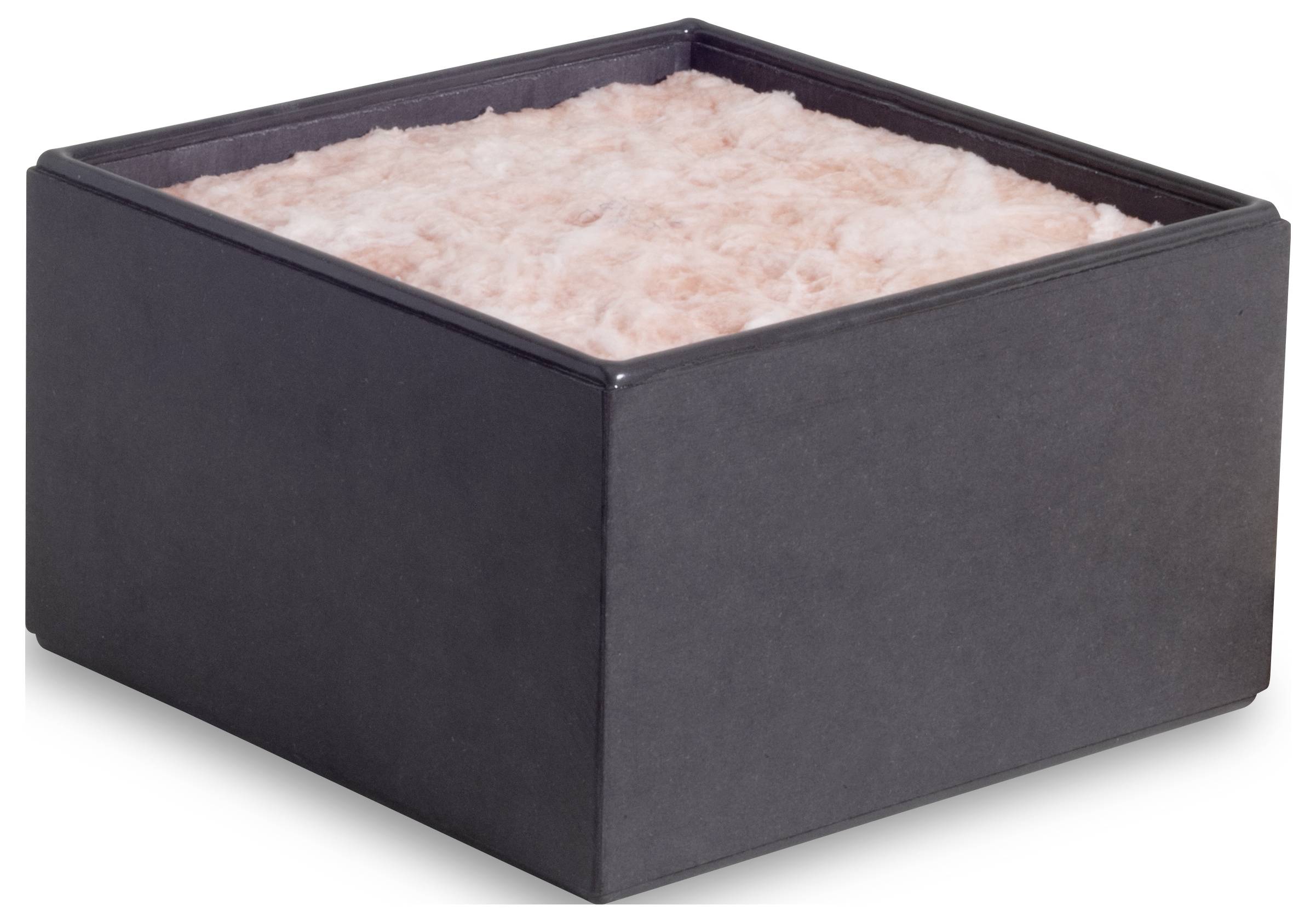 Svart tärningsbehållare med rosa, molnliknande fyllning, möjligen dekorations- eller förpackningsmaterial.