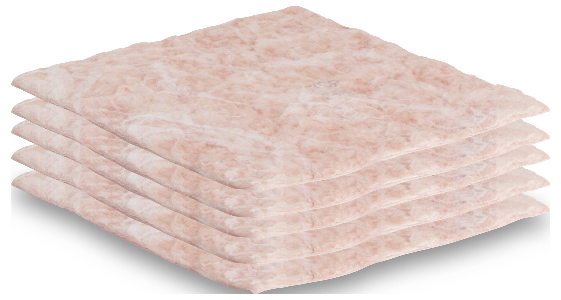 En stapel med sex rosa marmorplattor med ett lätt mönster.