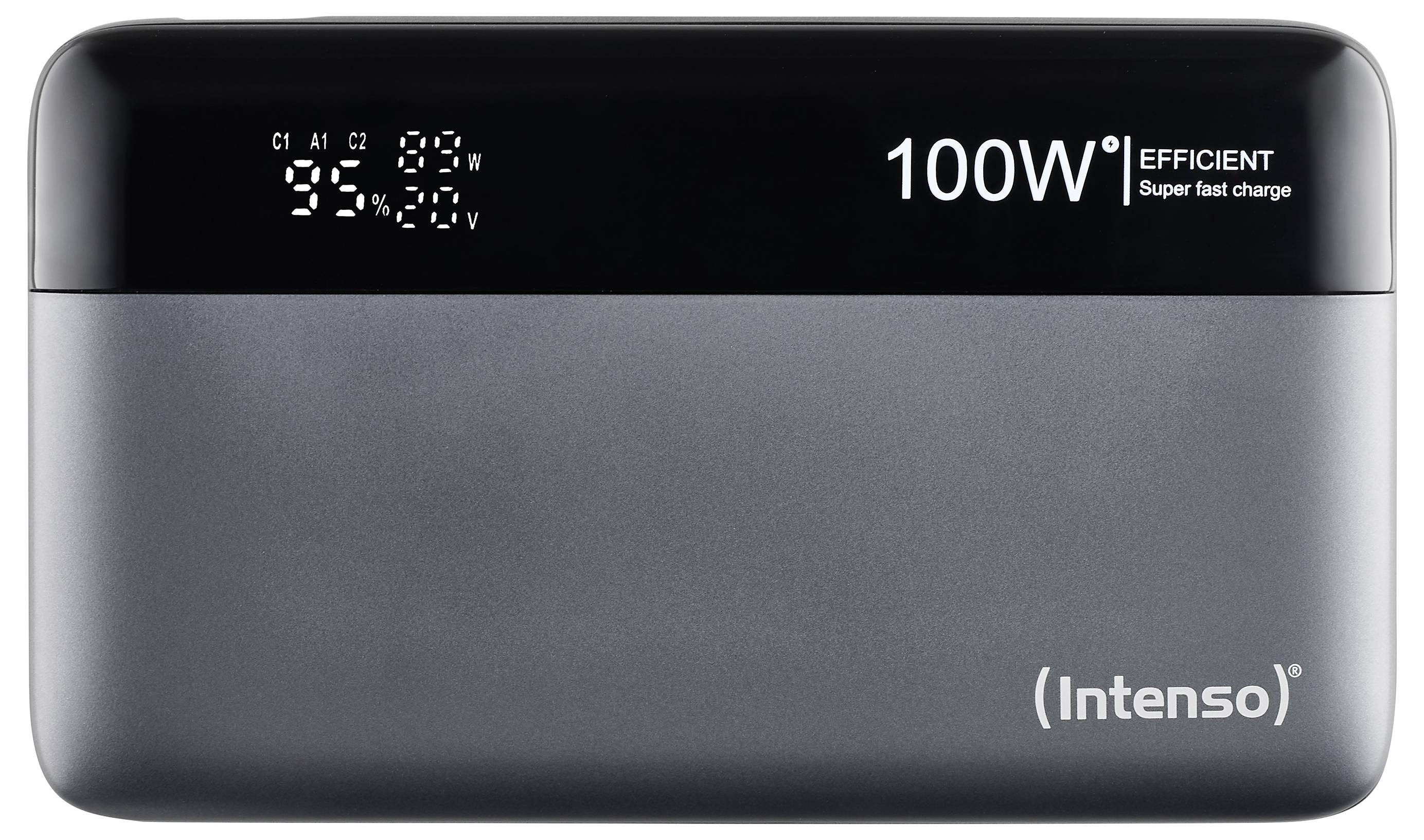 En bärbar powerbank märkt '100W' och 'Intenso', med en digital display som visar laddningsstatus och strömingångar.