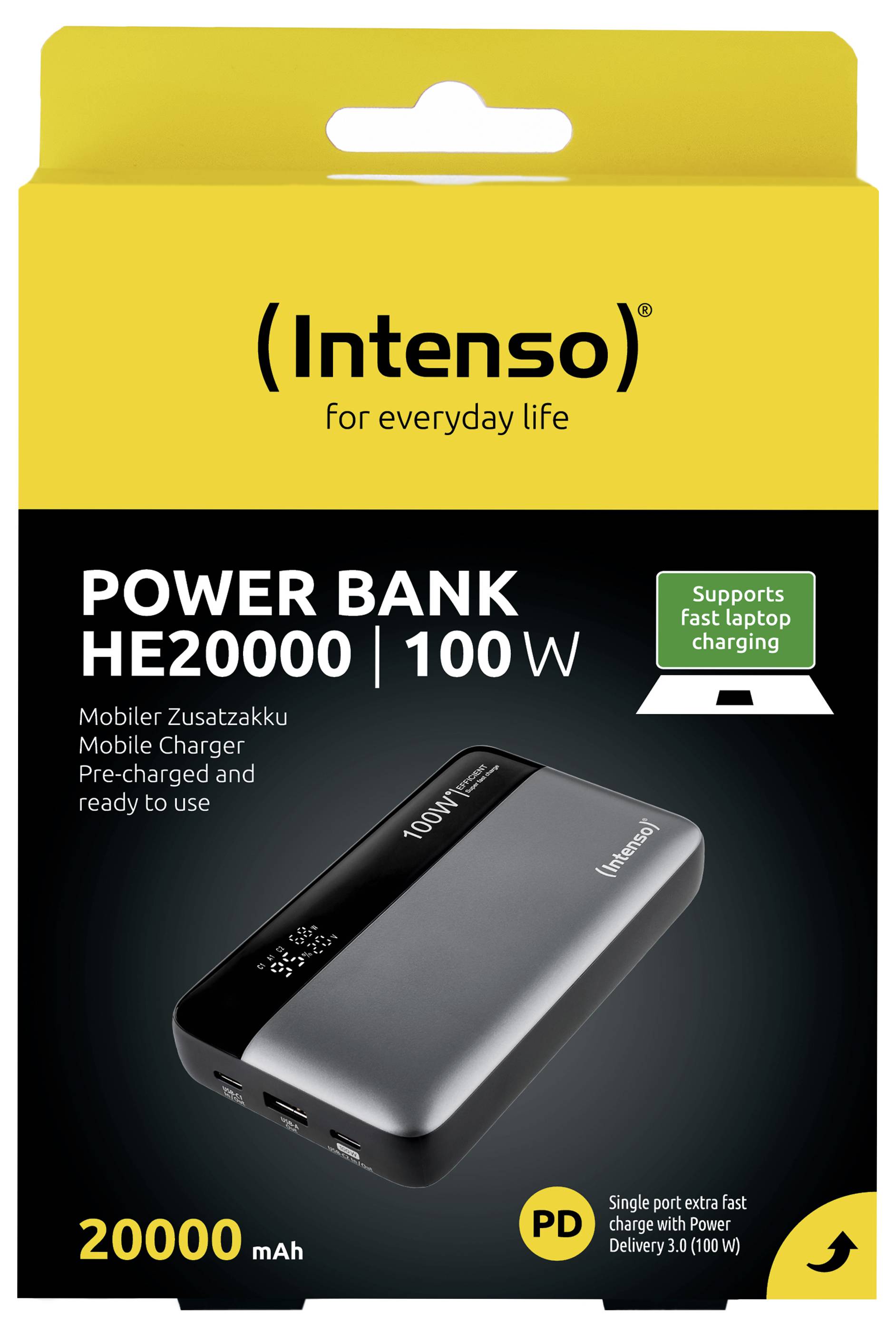 'Intenso Power Bank HE20000, 100 W, svart. Stöder snabb laddning av laptop, 20000 mAh kapacitet, kompakt och robust.'
