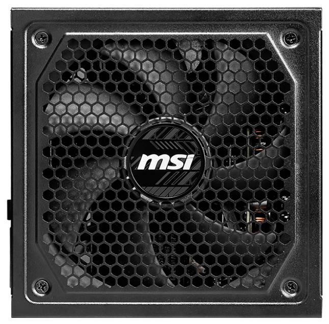 MSI nätaggregat med stor fläkt och honeycomb-struktur för effektiv kylning, lämplig för gaming-datorer eller kraftfulla datorer.