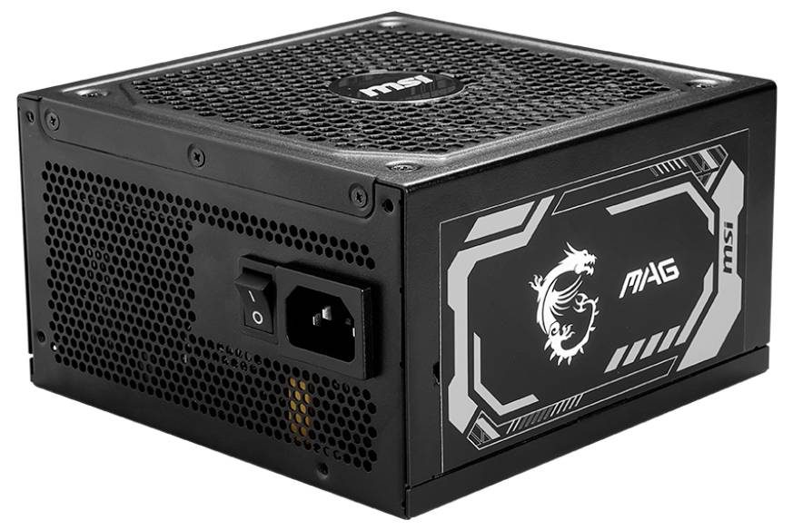 Svart PC-nätaggregat med ventilationsgaller, strömbrytare och anslutningar, på sidan försedd med ett stiliserat drakmotiv och 'MAG'-logotyp.