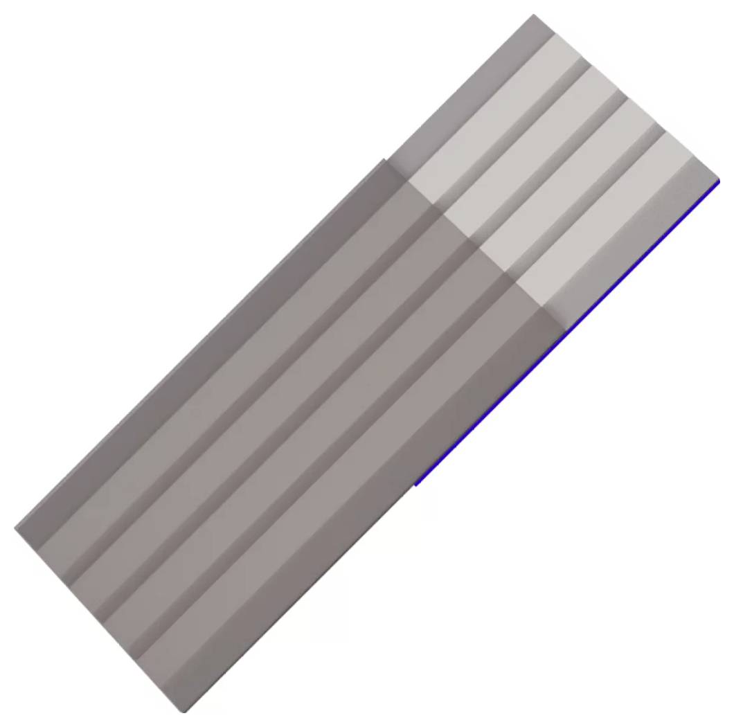 Diagonalt grått wellmetallpanelark på en vit bakgrund, visas som en enkel produktstilbild.