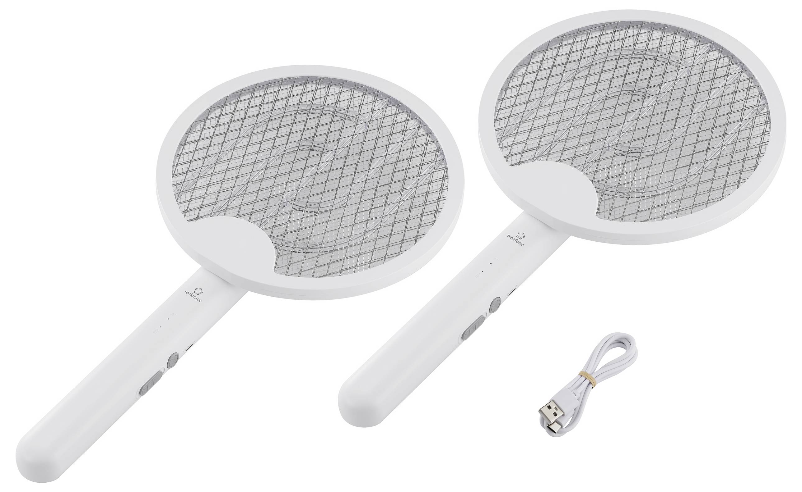 Två elektriska flugsmekar med USB-laddningskabel på vit bakgrund.