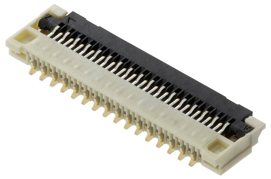 En rektangulär, multipolär elektrisk kontakt med guldiga och silveraktiga kontaktpunkter, använd i elektroniska enheter.