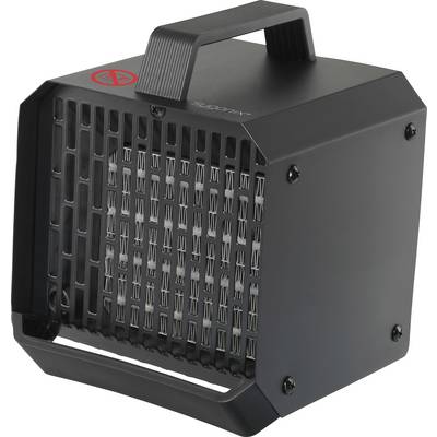 En svart, kvadratisk värmeventilator med bärhandtag och ventilationsgaller på framsidan.