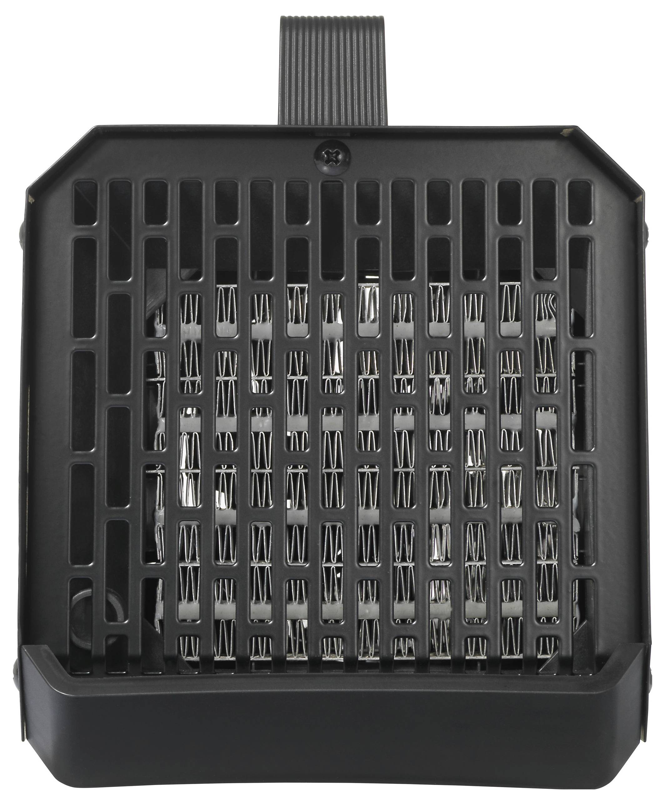 En svart elektrisk rumsvärmare med gallerstruktur, med ett bärhandtag ovanpå.