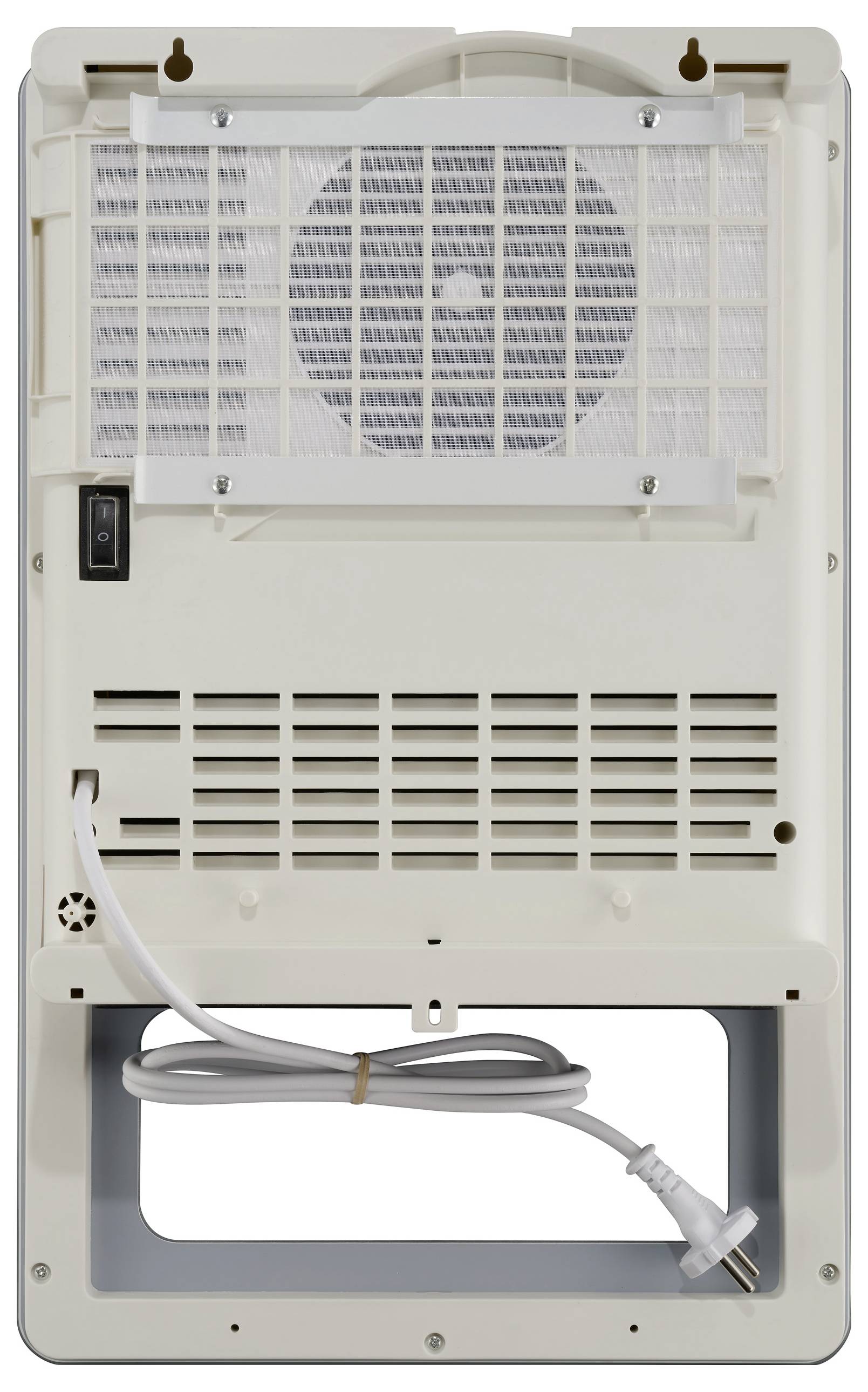 Bakifrån vy av en elektrisk värmeanordning med synligt ventilationsgaller, nätkabel och strömbrytare.