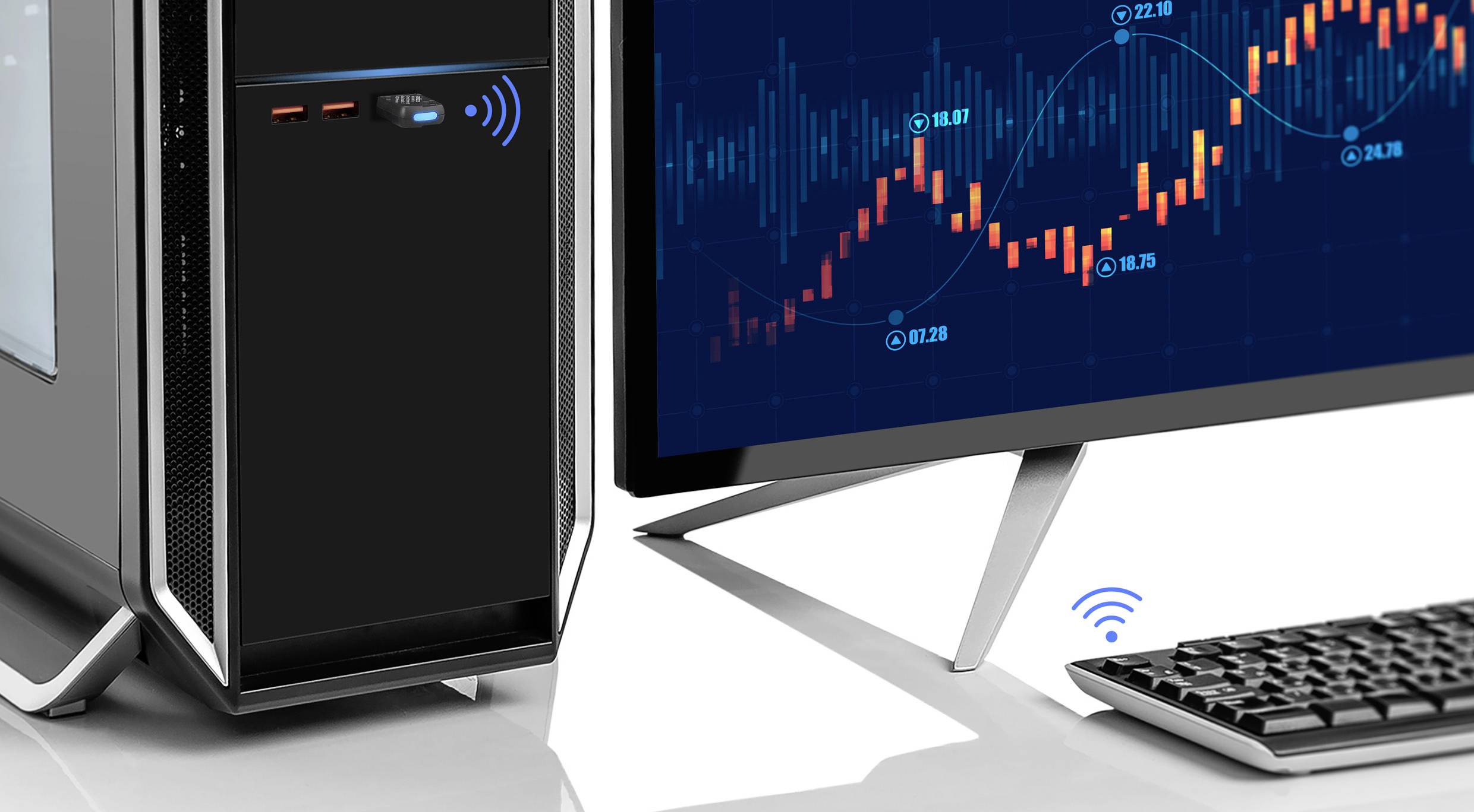 En dator med en bildskärm visar ett diagram med finansiella data och kurvor. Ett tangentbord är placerat bredvid.