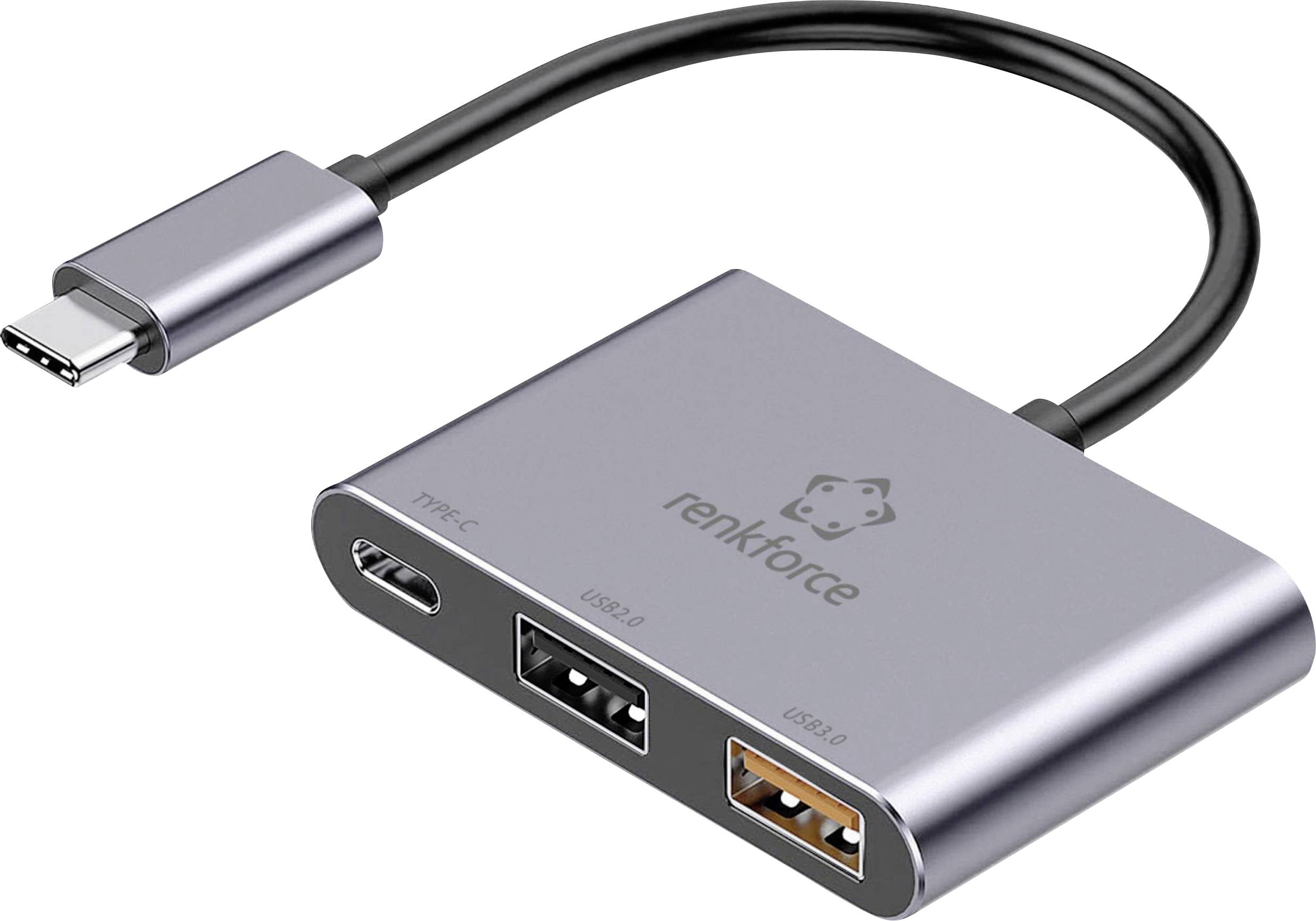 USB-C-hubb med tre portar: USB-C, USB 2.0 och USB 3.0. Märke 'Renkforce'. Silverfärgat hölje med kort kabel.