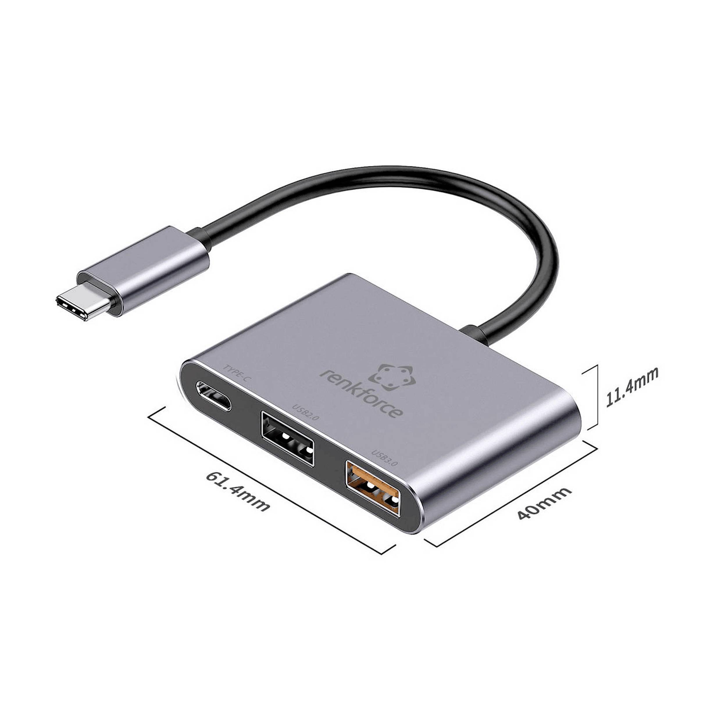 En grå USB-C-hubb med tre portar: HDMI, USB-A 3.0, USB-A 2.0. Mått är 61,4 mm x 40 mm x 11,4 mm. Kabelanslutning uppe till vänster.