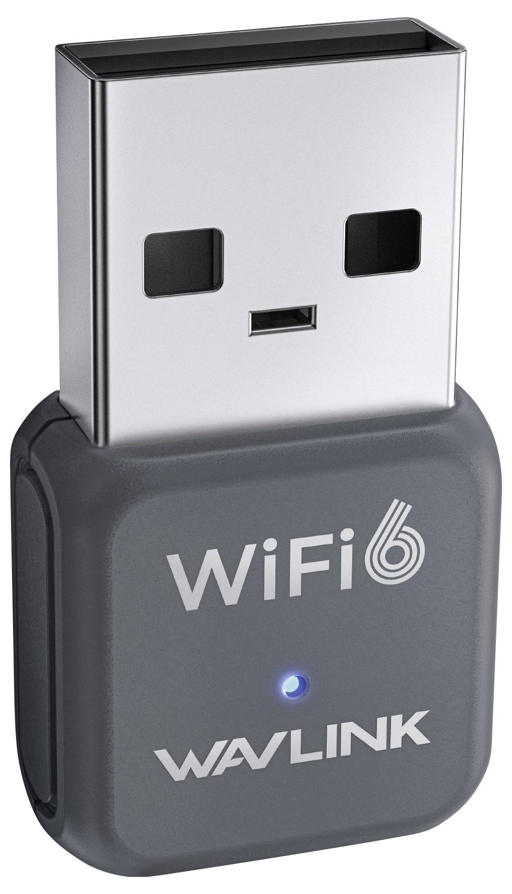 USB WLAN-adapter märkt med 'WiFi 6' och 'WAVLINK'. Kvadratisk form, silvriga USB-kontakter, grå kropp med blå LED-belysning.