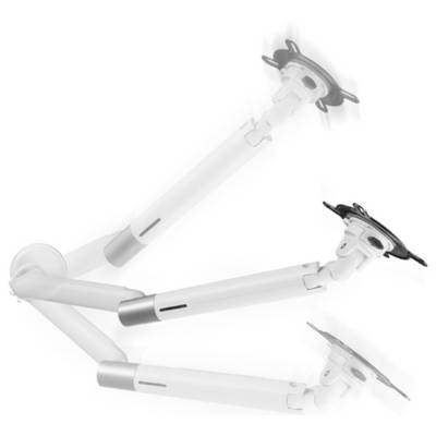 En justerbar, vit monitorarm i tre positioner visar rörelse och flexibilitet. Lämplig för ergonomiska arbetsplatslösningar.