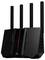 Svart WLAN-router med tre antenner, modernt design med röda accentlinjer.
