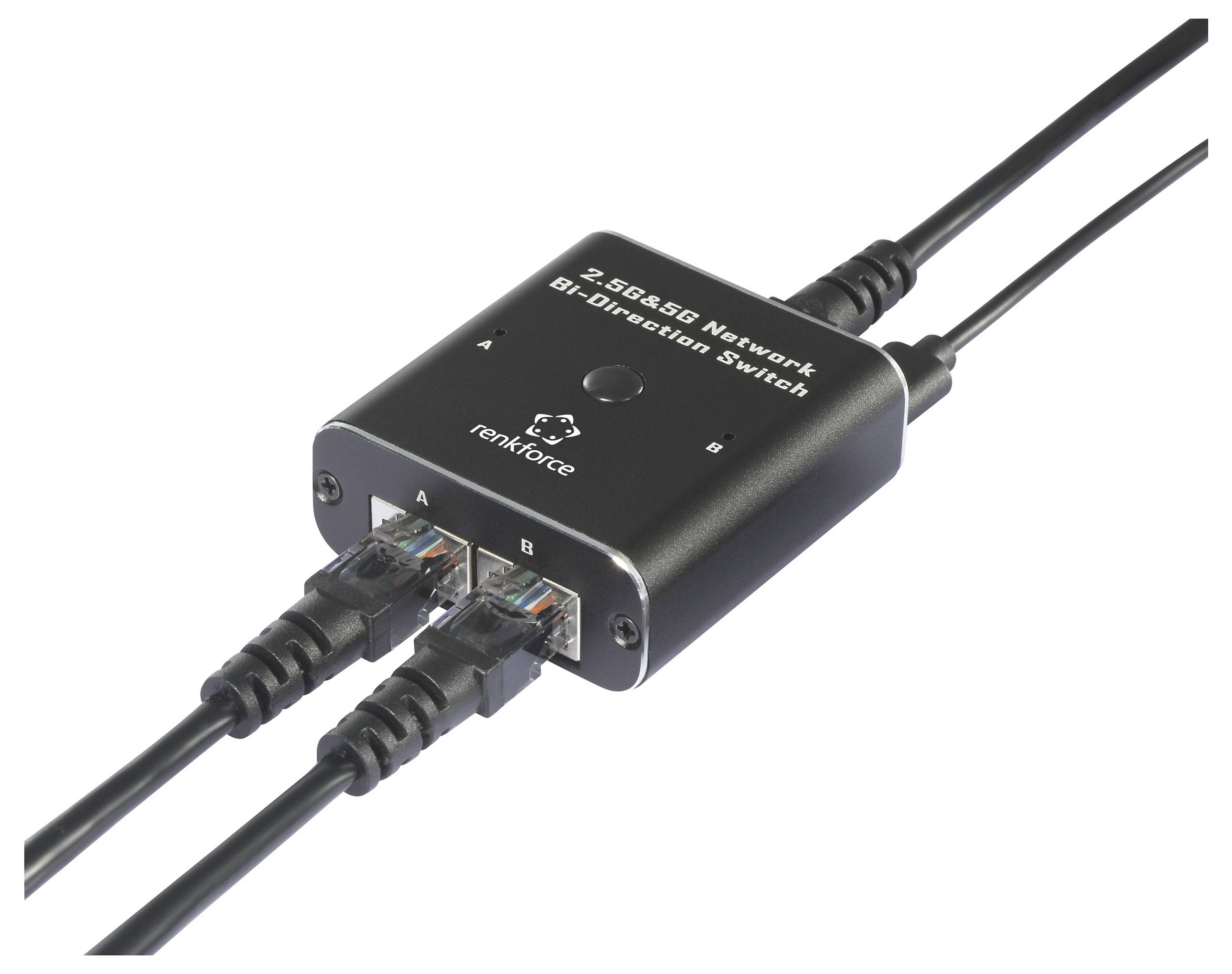 En svart 2-5G/5G nätverksväxel med dubbelriktad kommunikation från renkforce. Två nätverkskablar är inkopplade i portarna A och B.