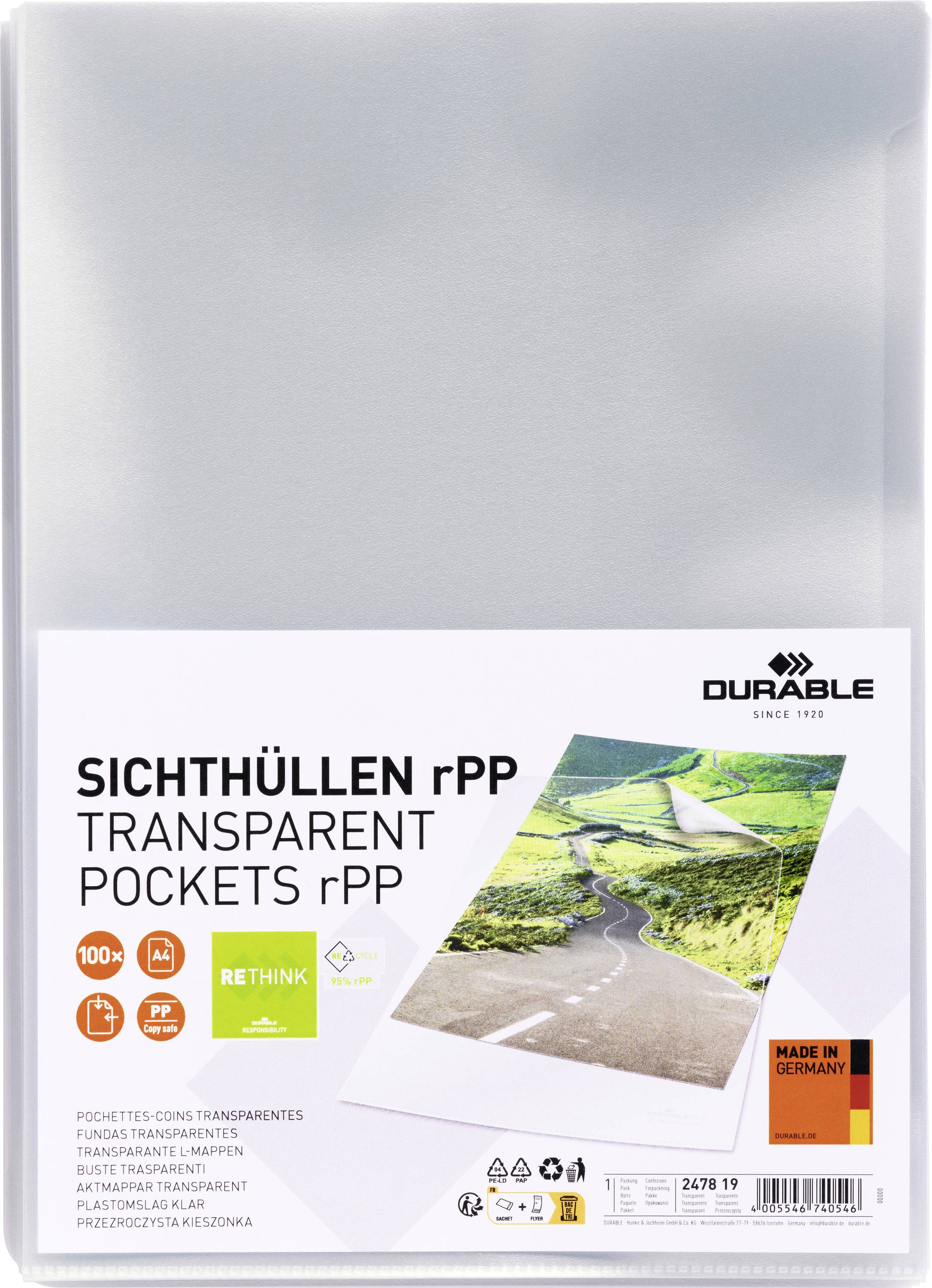 Förpackning för en DURABLE plastficka med texten 'Transparenta plastfickor rPP'. Miljövänlig, återvinningsbar ficka. Tillverkad i Tyskland.