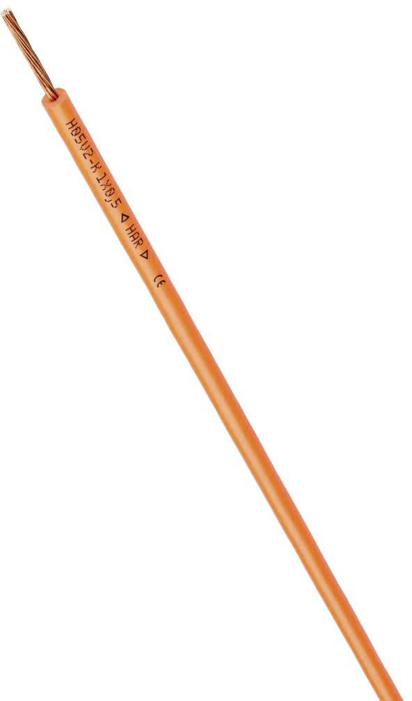 En orange elektrisk kabel märkt 'H05V-K 1X0,5 S HAR'.