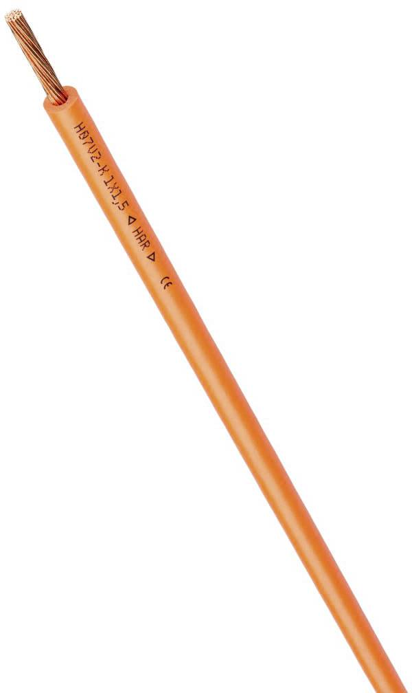 En orange kabel med kopparledare, märkt med 'H07V-K 1X1.5²', lämplig för elinstallationer, isolerad för säkerhet.