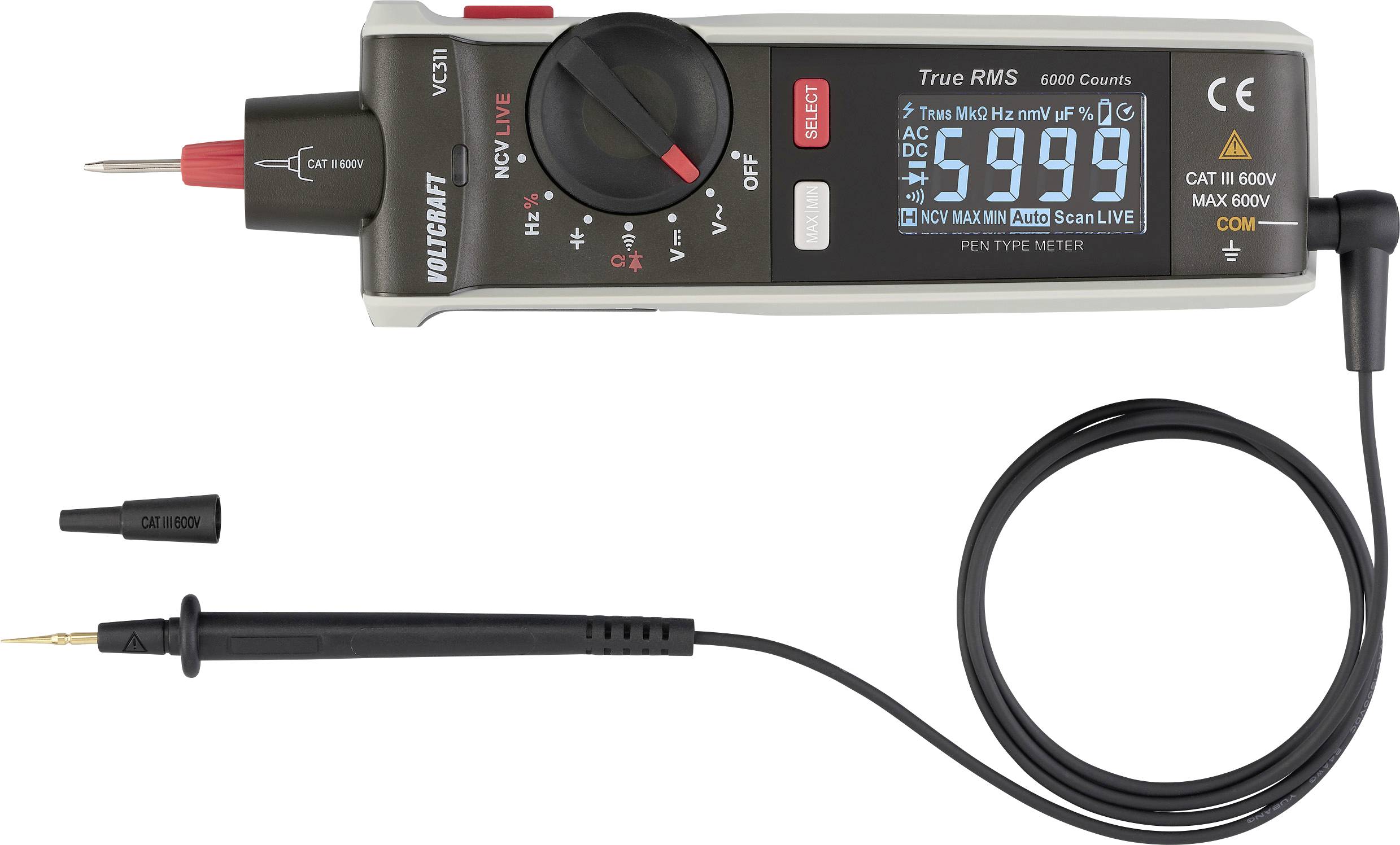 'Multimeter som visar 599, nålprob ansluten. Har vred för spänning, resistans och kontinuitet. CAT III 600V klassning.'