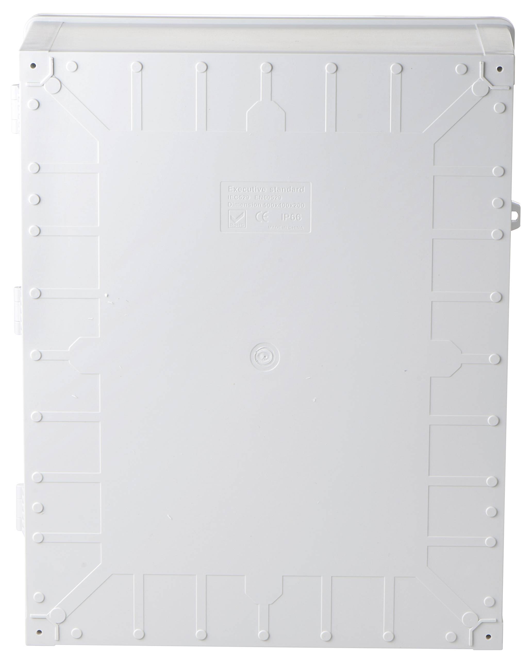 Rektangulärt, vitt plastfodral, möjligen en säkrings- eller fördelningsbox, med strukturerade kanter och skruvar.