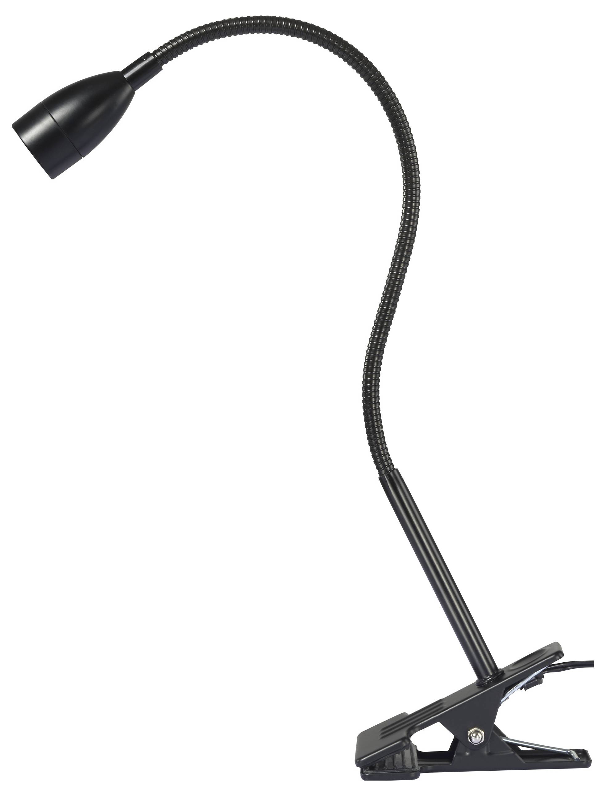 Svart LED-lampa med flexibel svanhalsfot och klämfäste, lämplig för montering på bord eller hyllor för riktad belysning.