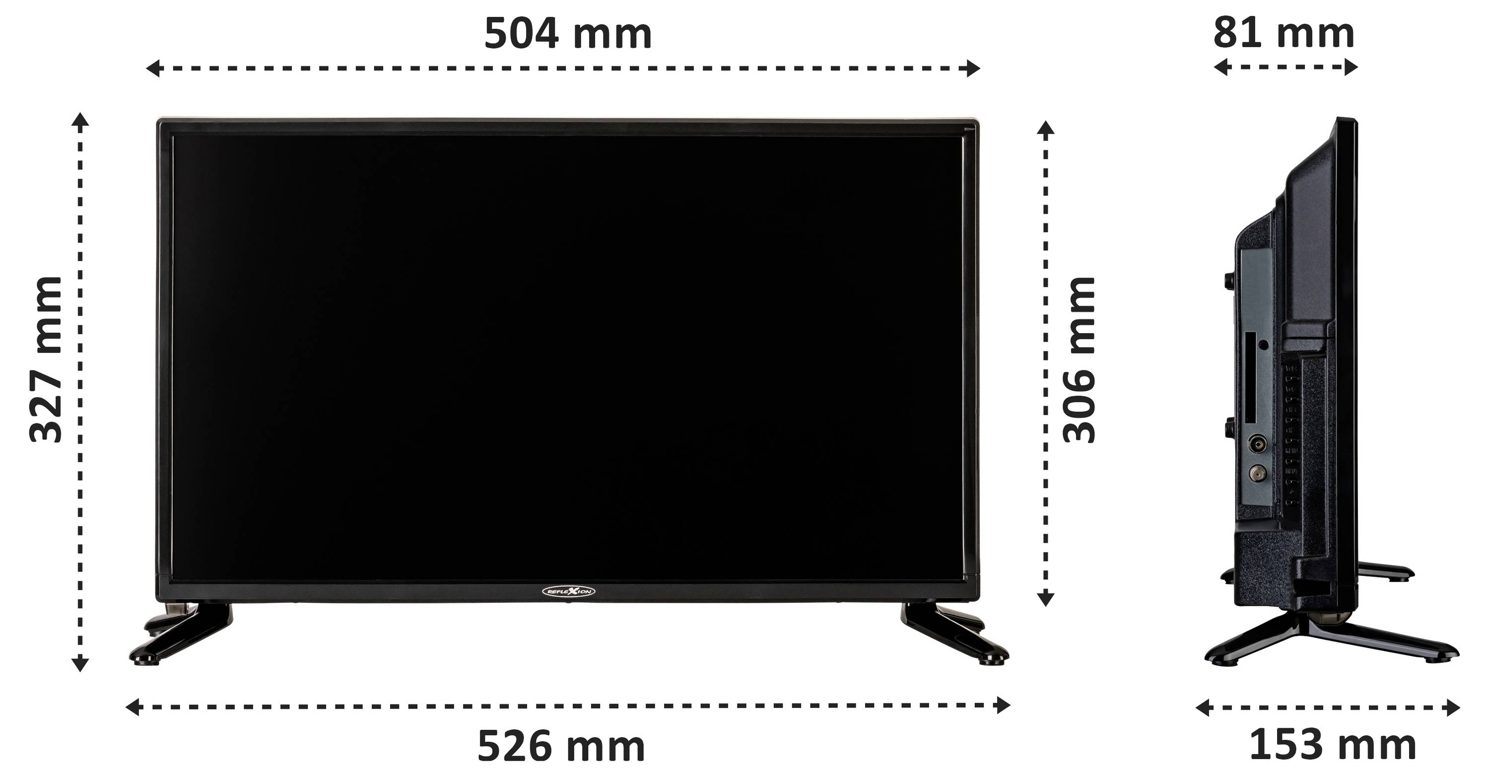 Televisionens dimensioner: framifrån 526 mm bred, 327 mm hög; från sidan 81 mm djup. Skärmens bredd är 504 mm, höjden är 306 mm.