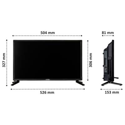 Televisionens dimensioner: framifrån 526 mm bred, 327 mm hög; från sidan 81 mm djup. Skärmens bredd är 504 mm, höjden är 306 mm.