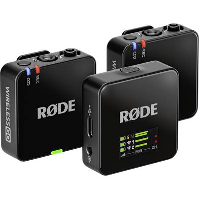Tre RØDE Wireless GO-mikrofoner i svart med kontroller och LED-indikatorer som möjliggör trådlös ljudkommunikation.