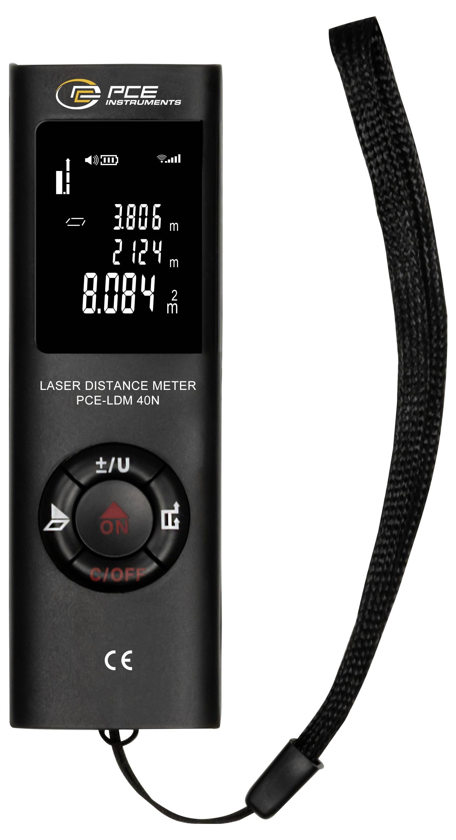 Svart PCE-laserkavitometer med digital display och handledsrem, som visar en mätning på 8,084 m.