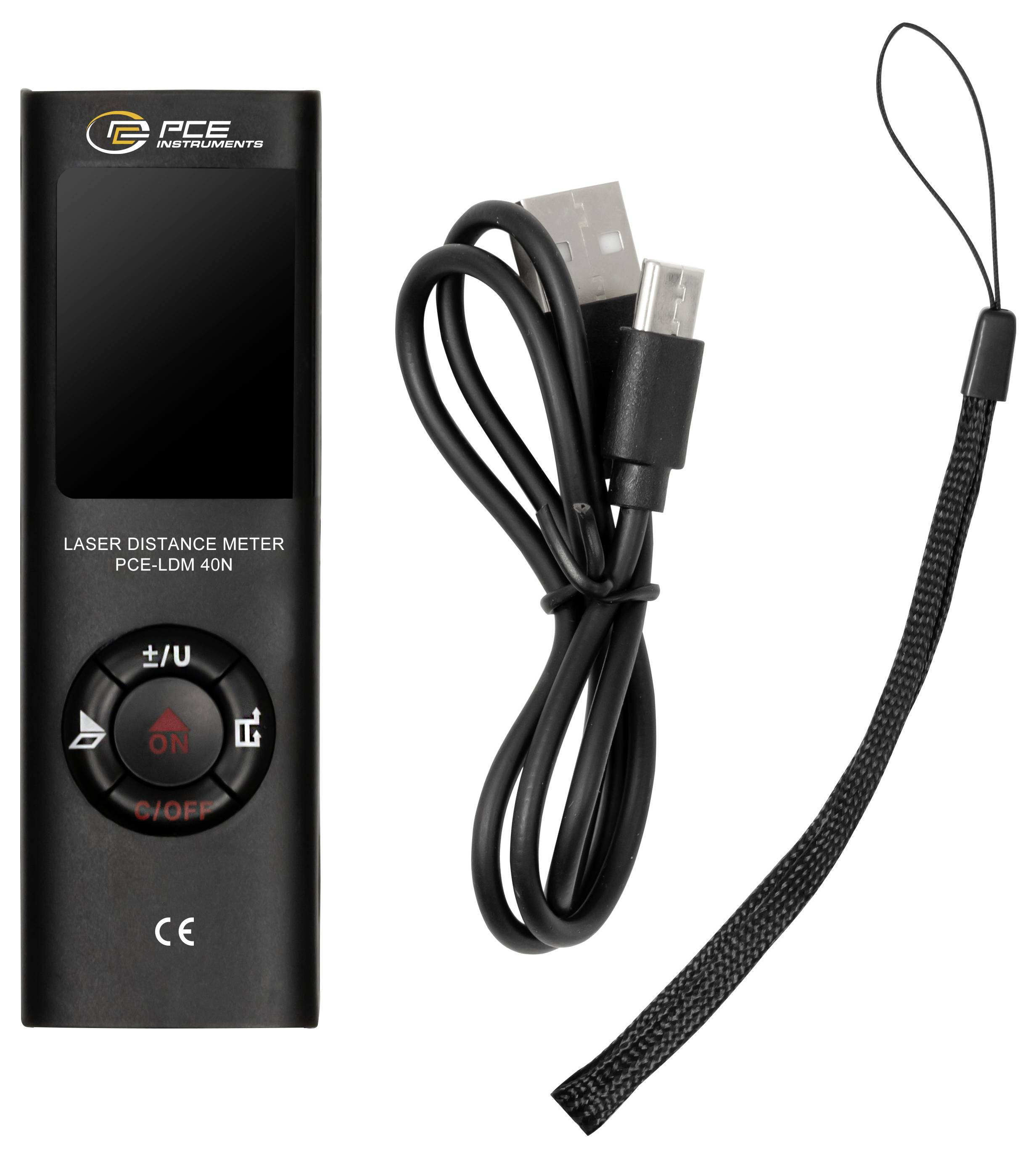 Laseravståndsmätare med USB-laddningskabel och handledsrem på vit bakgrund.