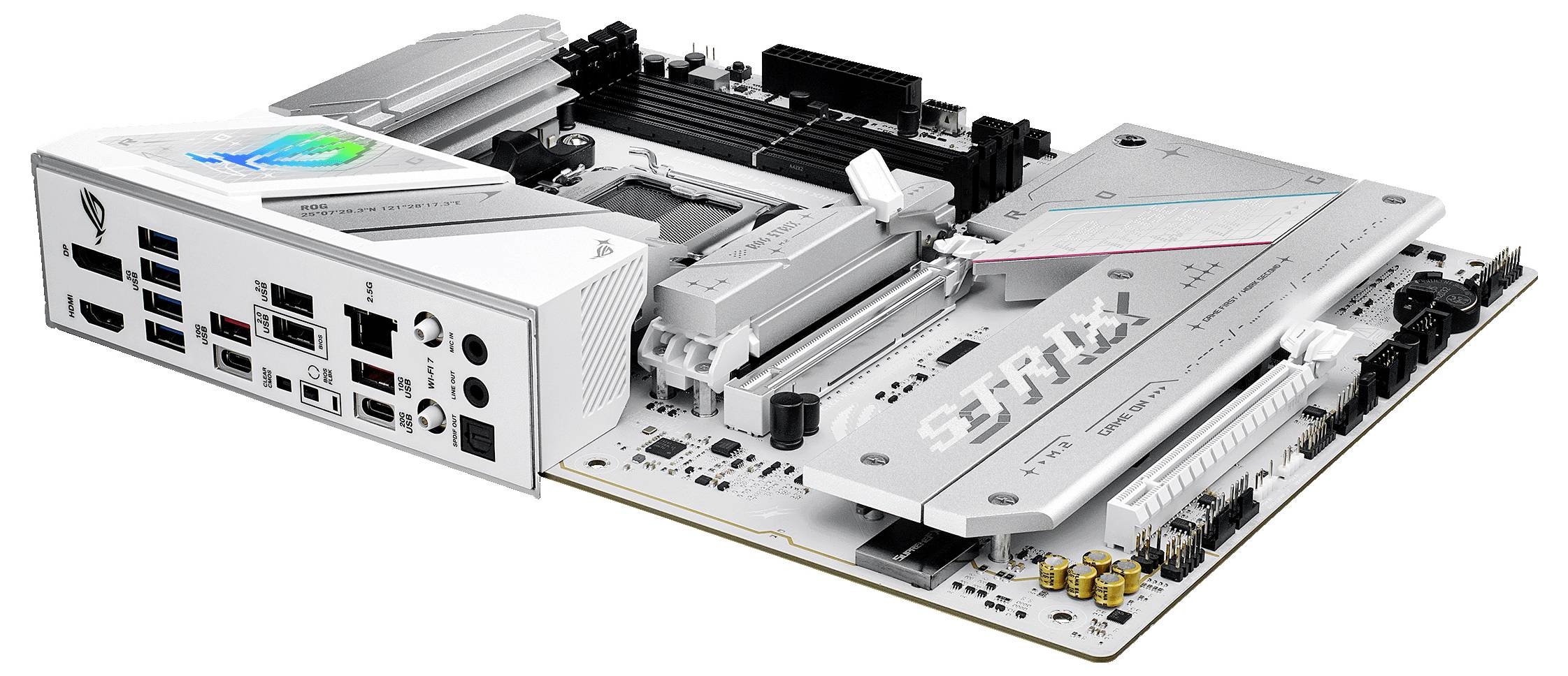 Ett vitt datormoderkort med flera anslutningar och kortplatser, inklusive USB- och Ethernet-portar. Märkning 'STRIX'.